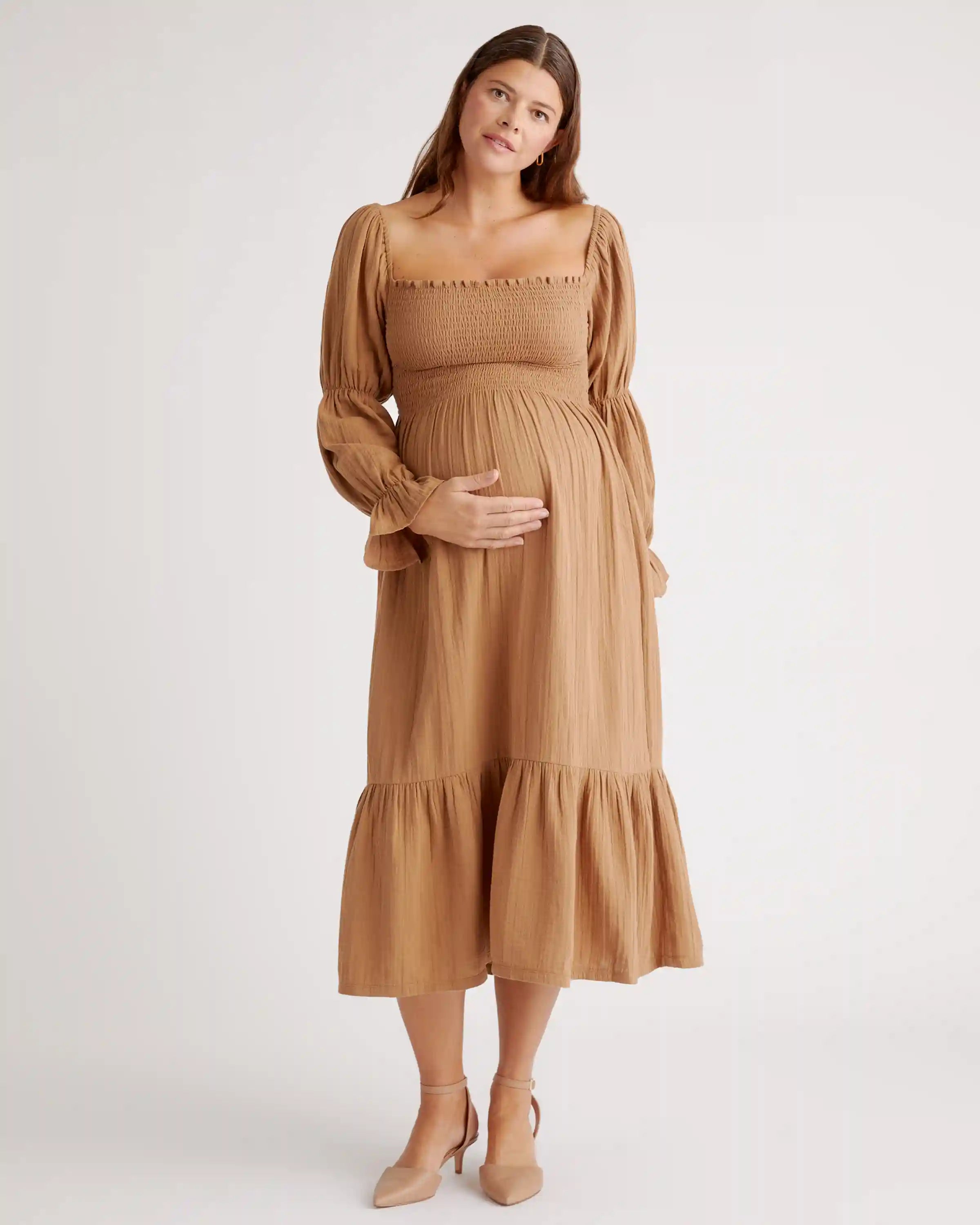 100% Organic Cotton Gauze Maternity Smocked Midi Dress