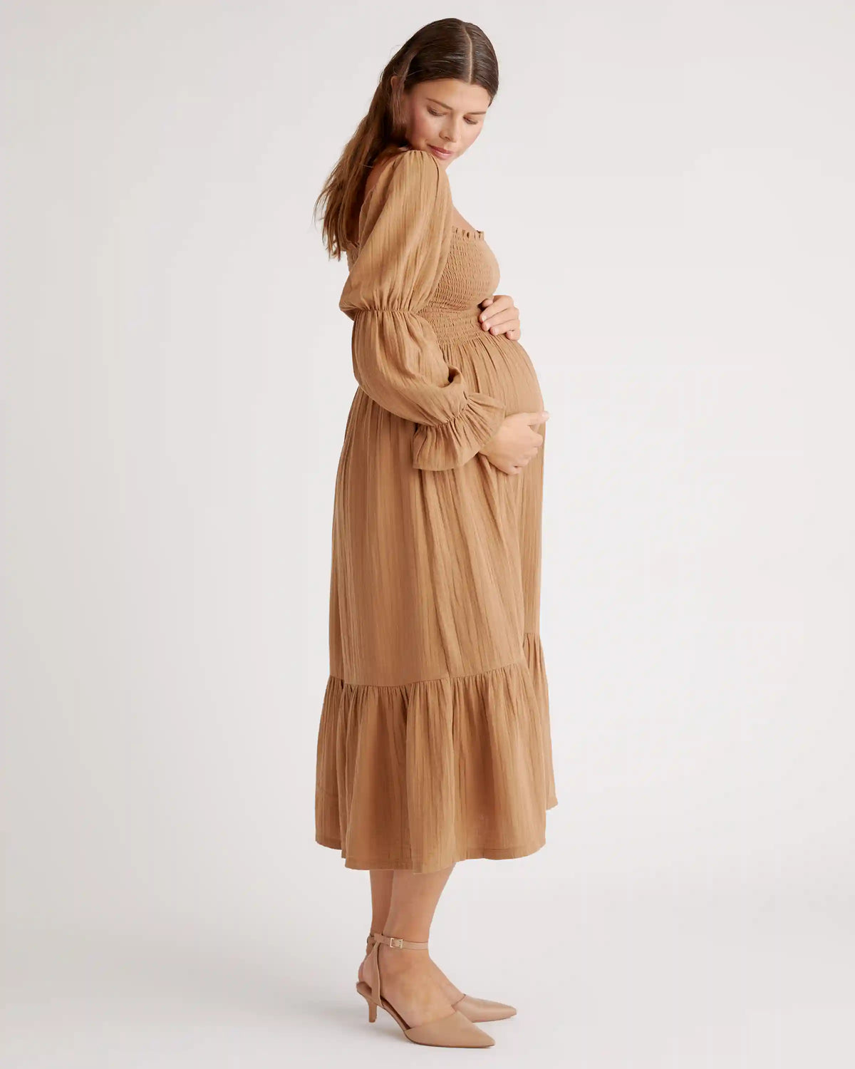 100% Organic Cotton Gauze Maternity Smocked Midi Dress