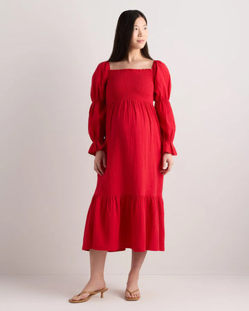 100% Organic Cotton Gauze Maternity Smocked Midi Dress