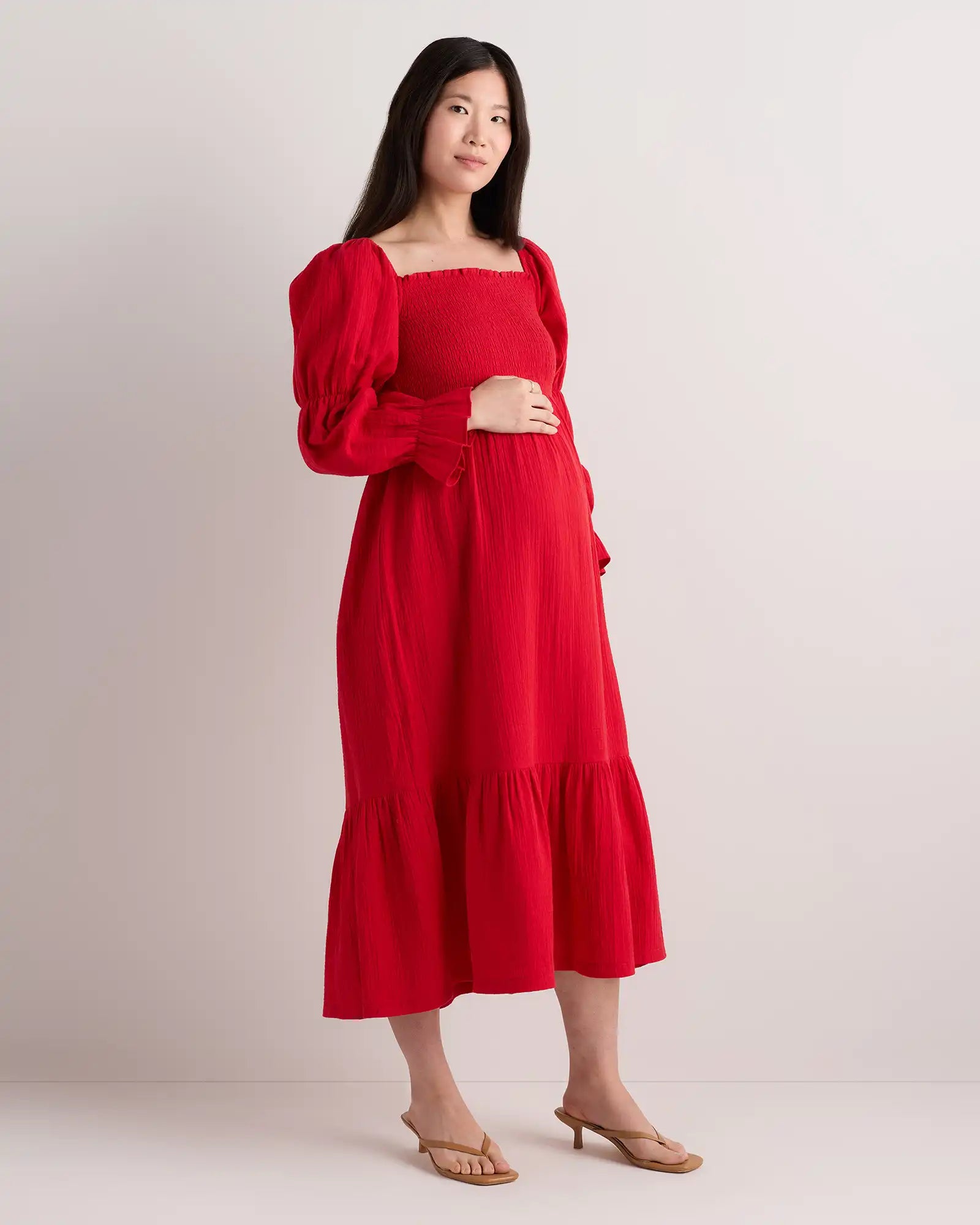100% Organic Cotton Gauze Maternity Smocked Midi Dress