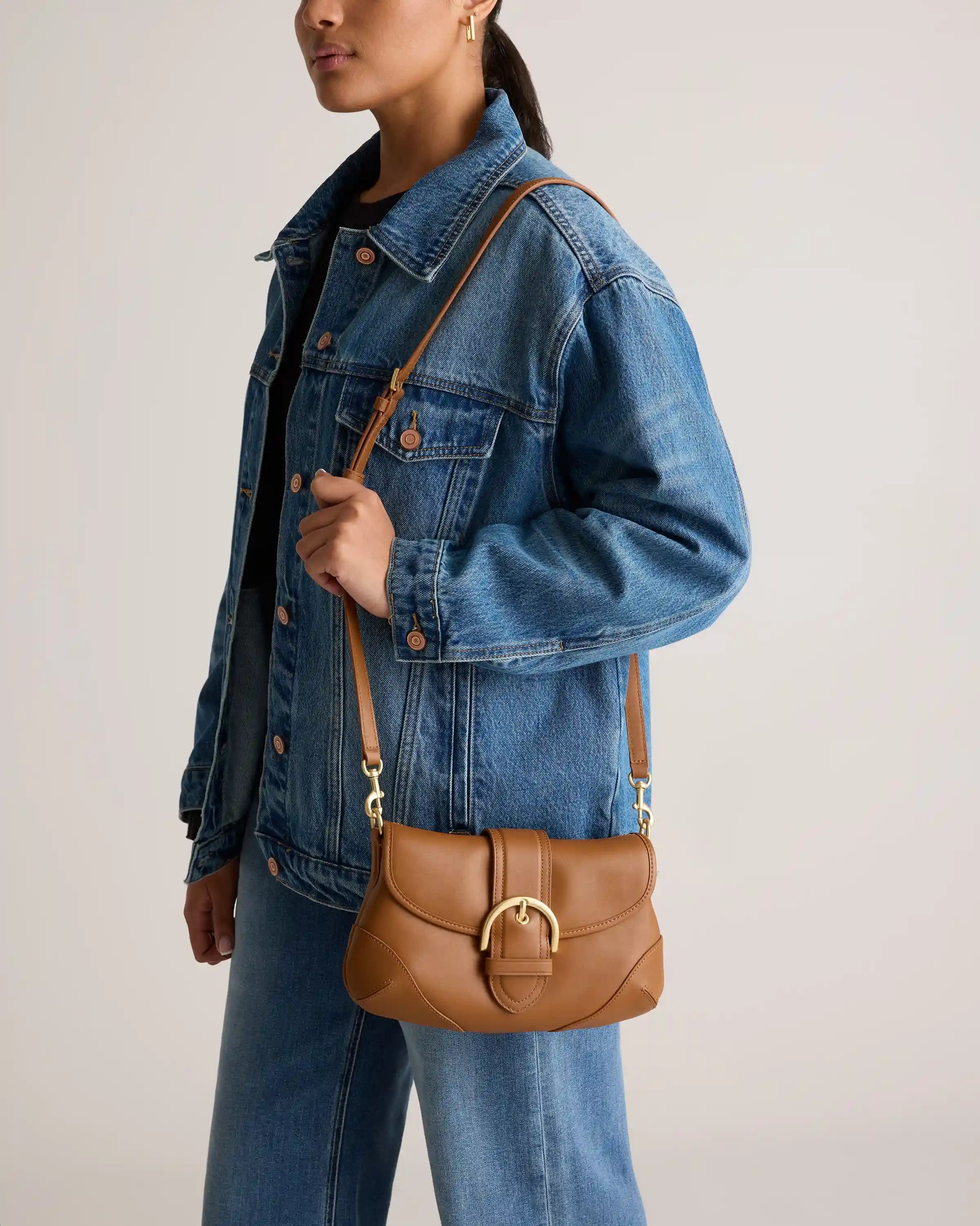 Italian Leather Buckle Detail Shoulder Bag