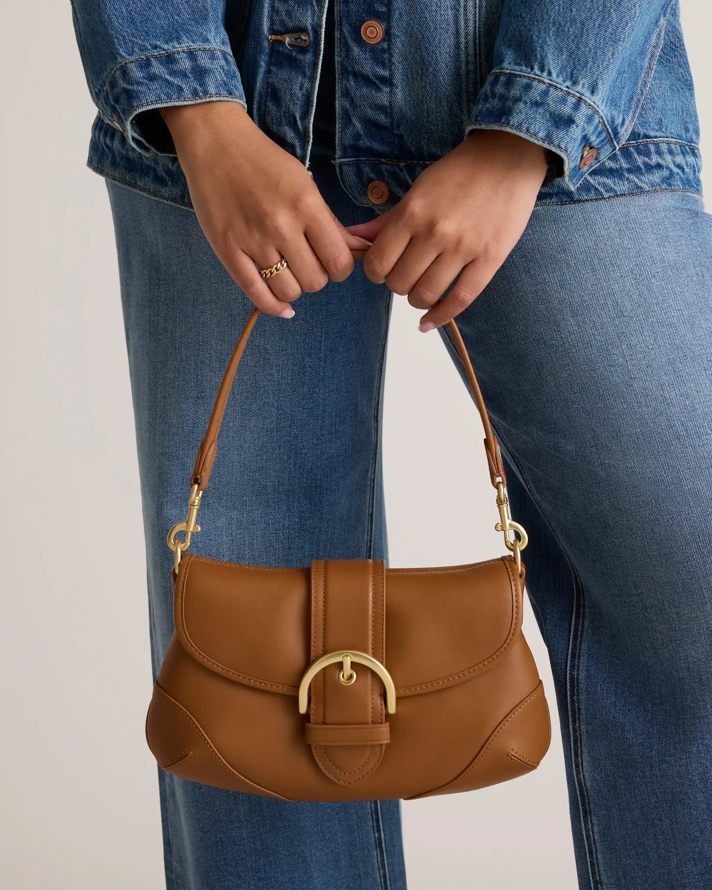 Italian Leather Buckle Detail Shoulder Bag