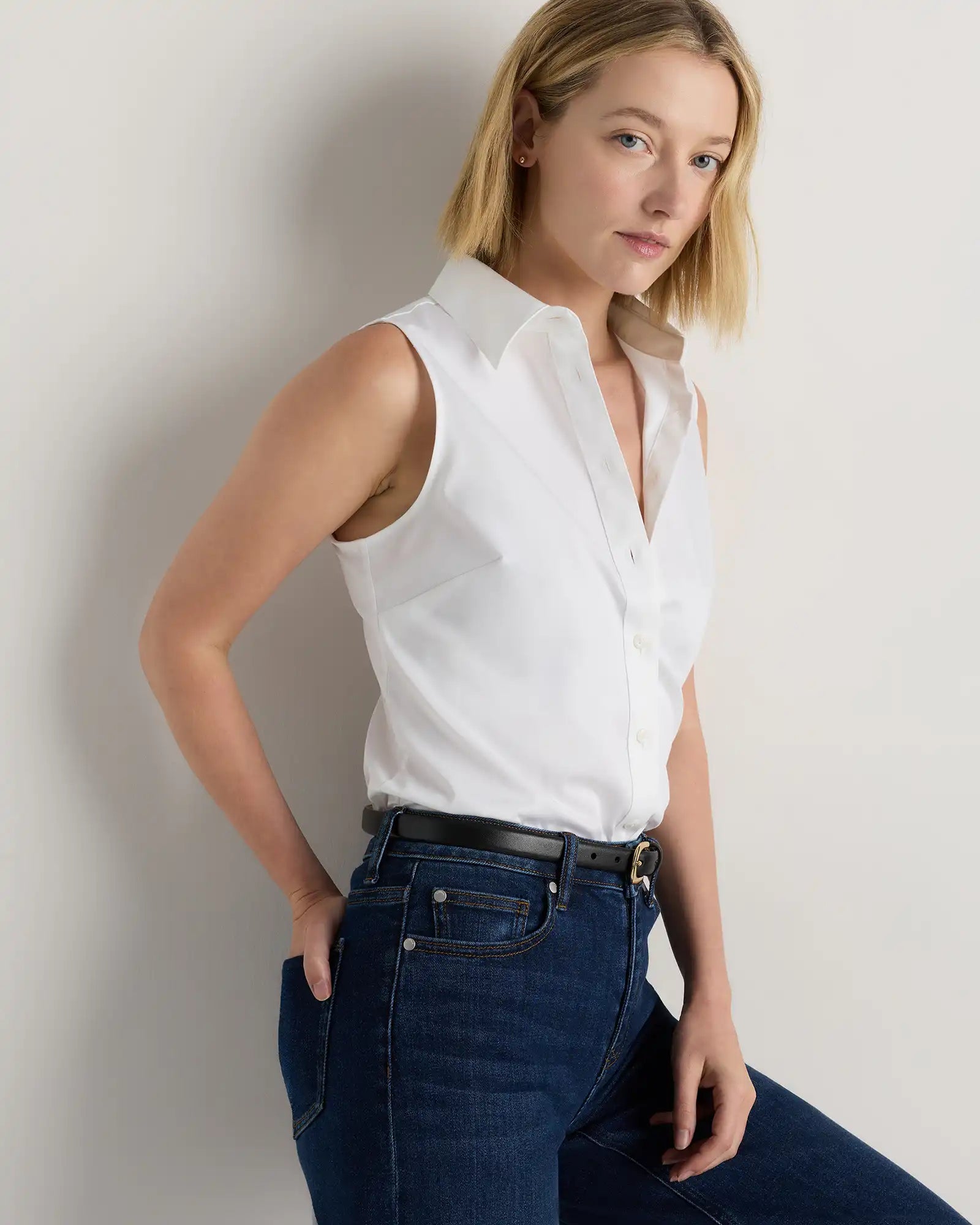 Organic Stretch Cotton Tailored Sleeveless Shirt