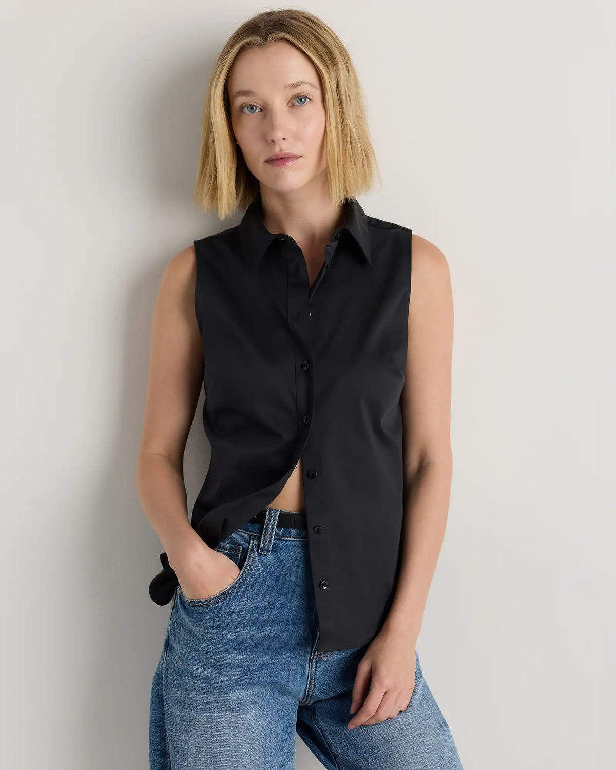 Organic Stretch Cotton Tailored Sleeveless Shirt
