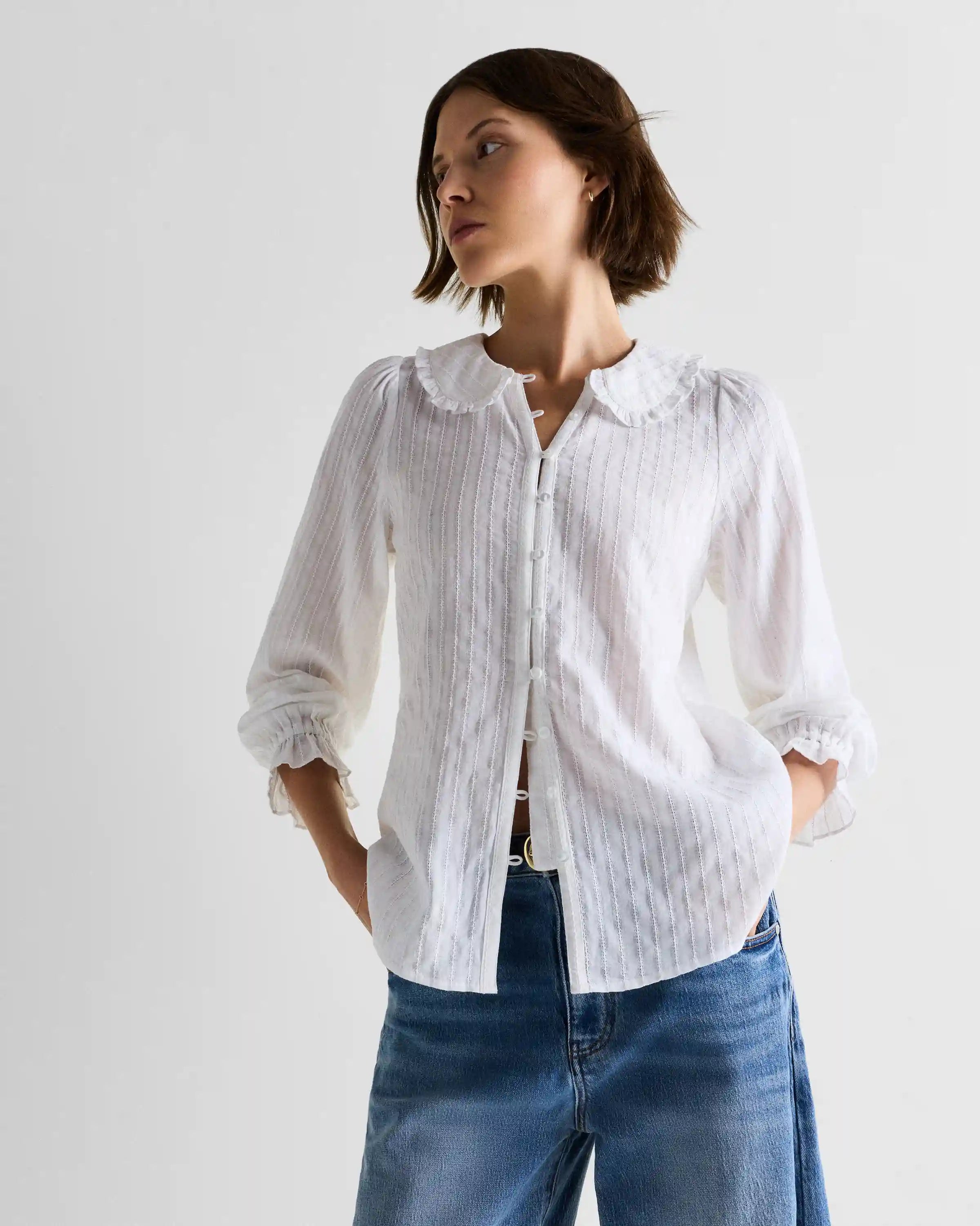 Embroidered Cotton Ruffle Collar Long Sleeve Blouse