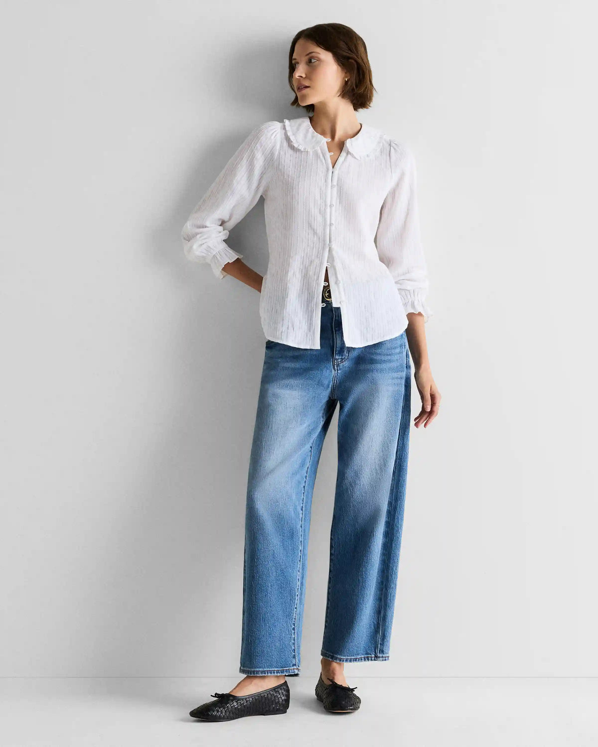 Embroidered Cotton Ruffle Collar Long Sleeve Blouse