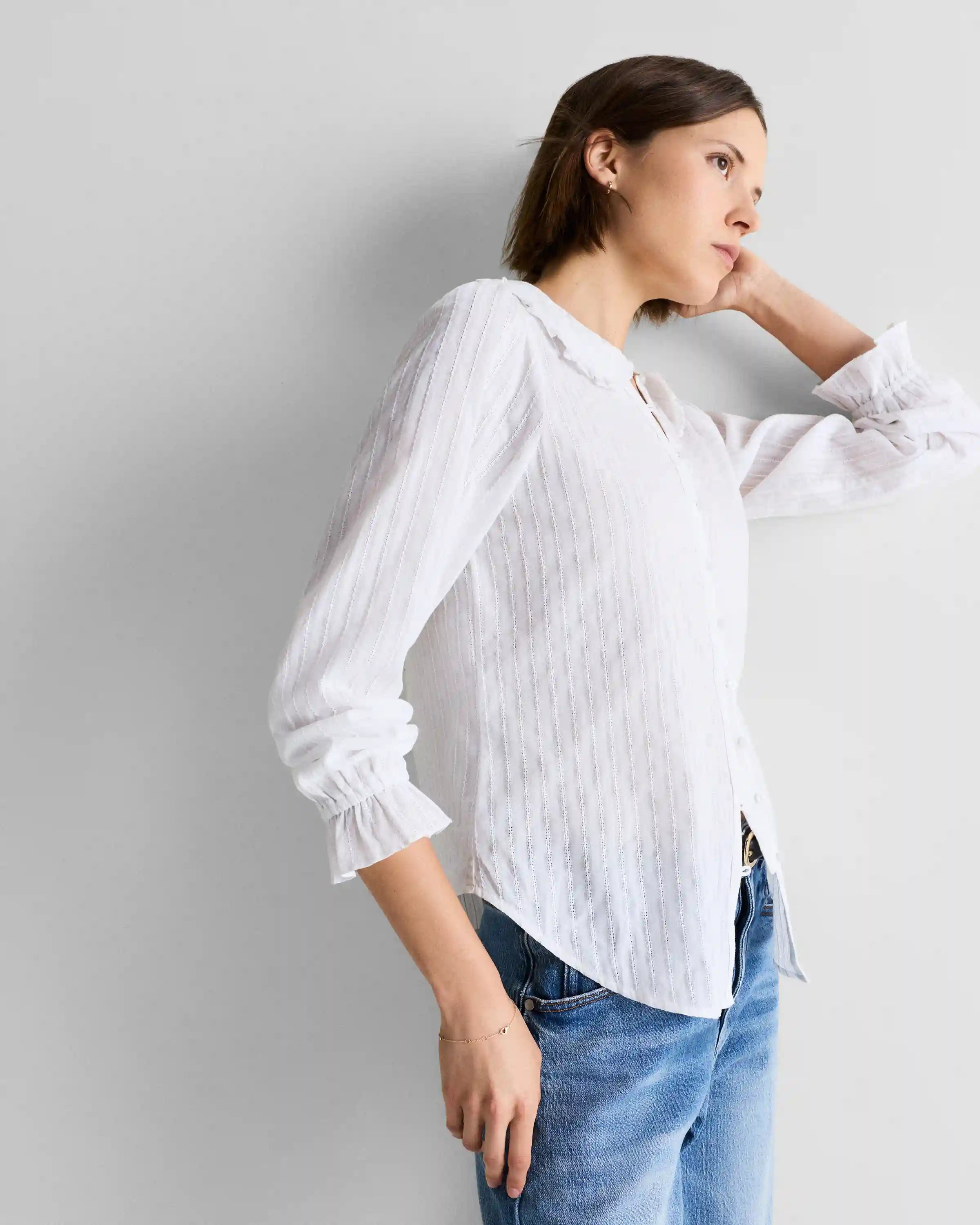 Embroidered Cotton Ruffle Collar Long Sleeve Blouse