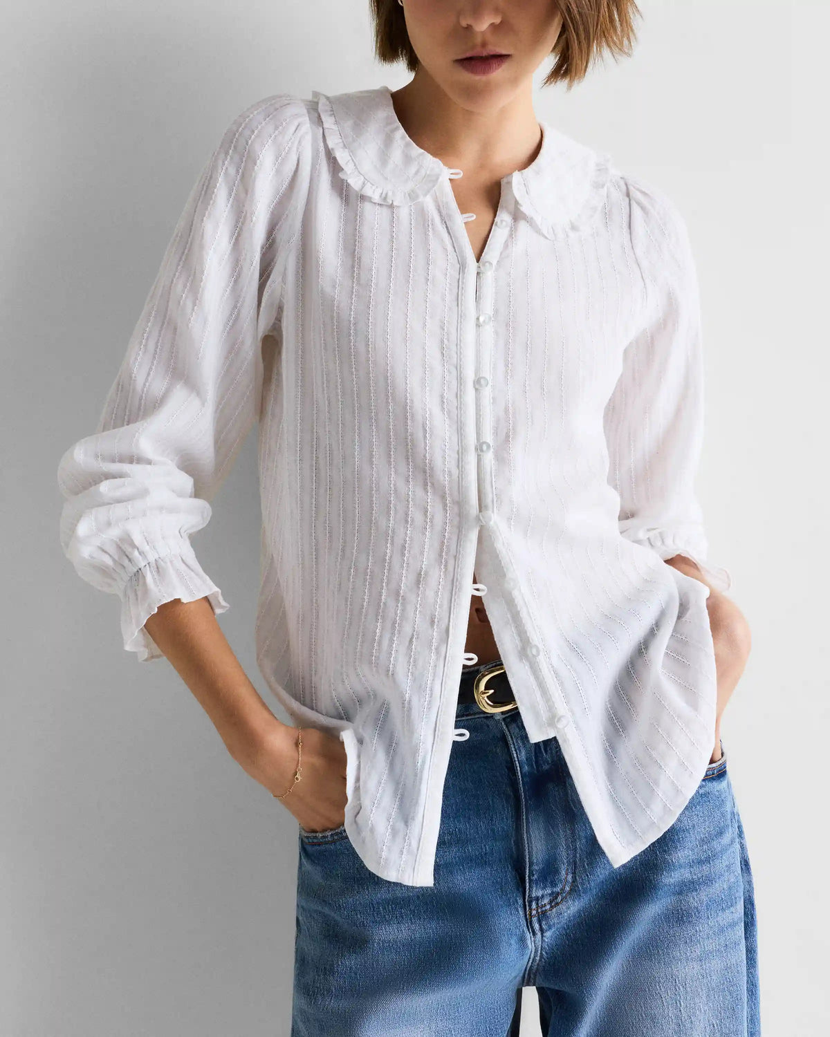 Embroidered Cotton Ruffle Collar Long Sleeve Blouse