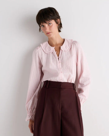Embroidered Cotton Ruffle Collar Long Sleeve Blouse