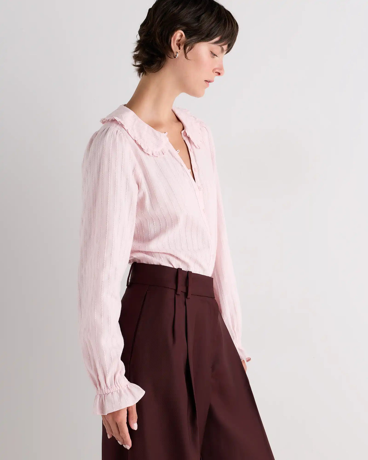 Embroidered Cotton Ruffle Collar Long Sleeve Blouse