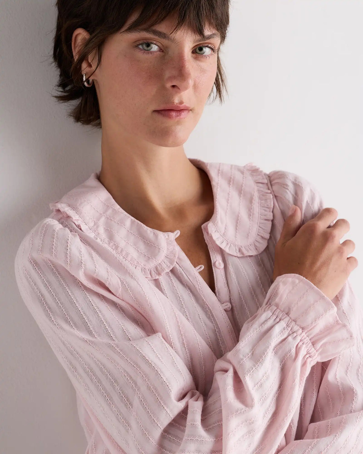 Embroidered Cotton Ruffle Collar Long Sleeve Blouse