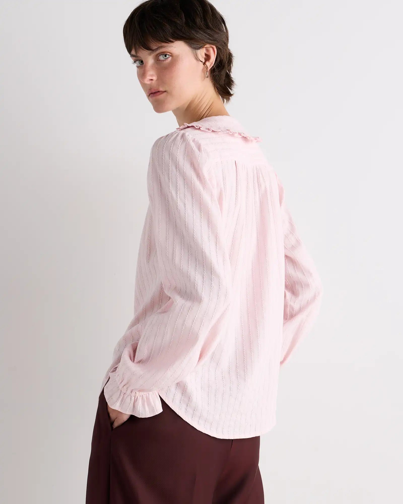 Embroidered Cotton Ruffle Collar Long Sleeve Blouse