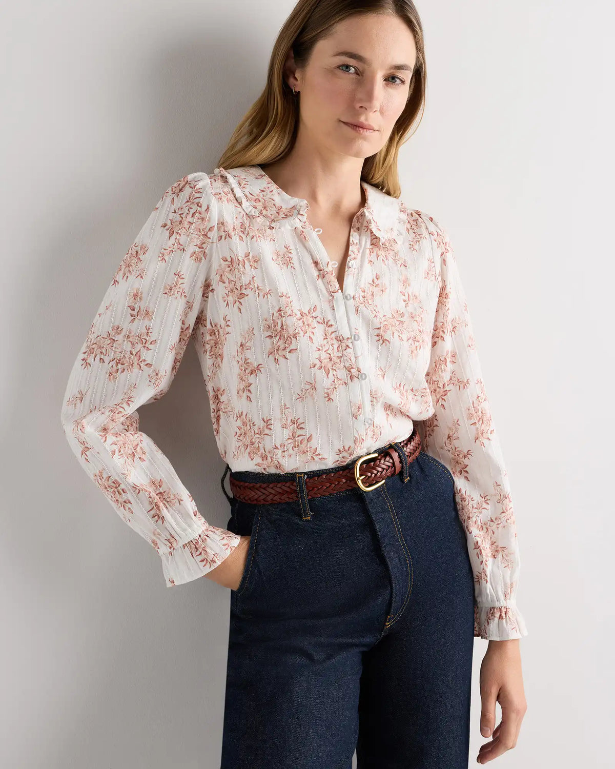 Embroidered Cotton Ruffle Collar Long Sleeve Blouse