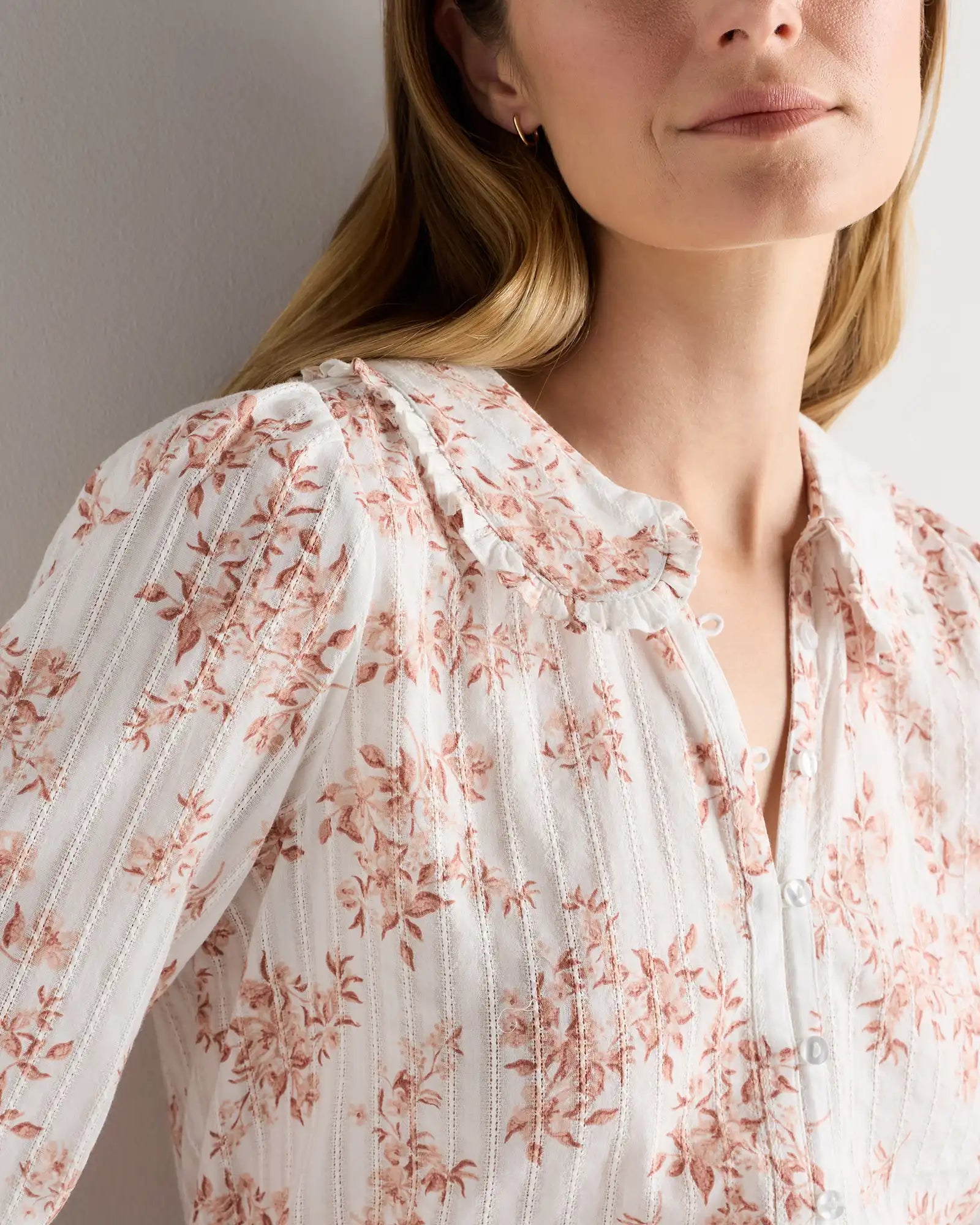 Embroidered Cotton Ruffle Collar Long Sleeve Blouse