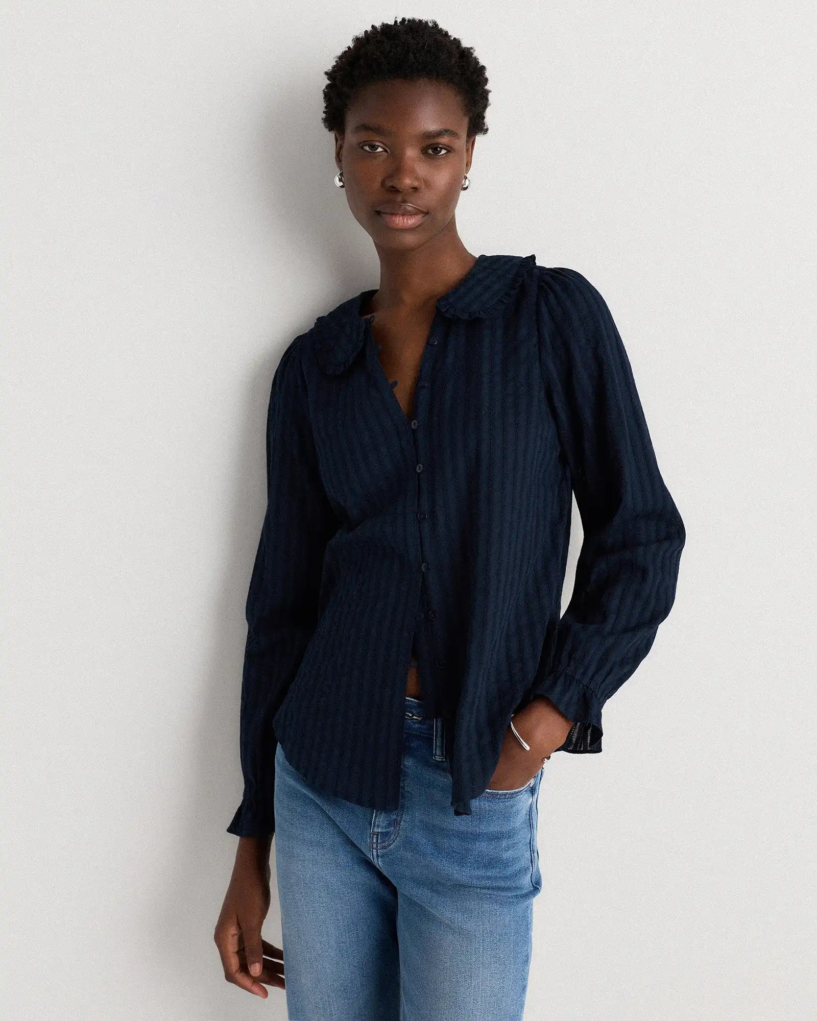Embroidered Cotton Ruffle Collar Long Sleeve Blouse