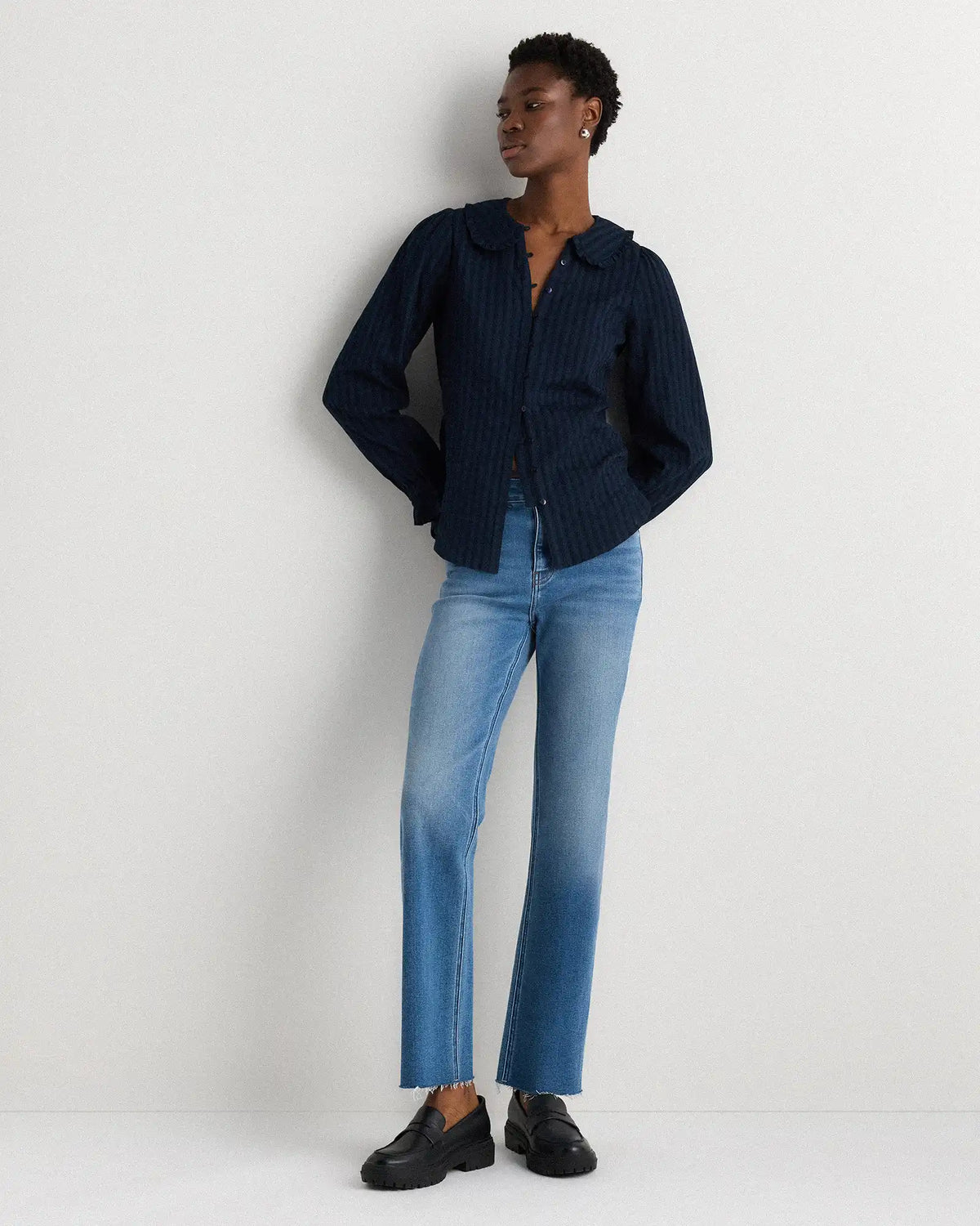 Embroidered Cotton Ruffle Collar Long Sleeve Blouse