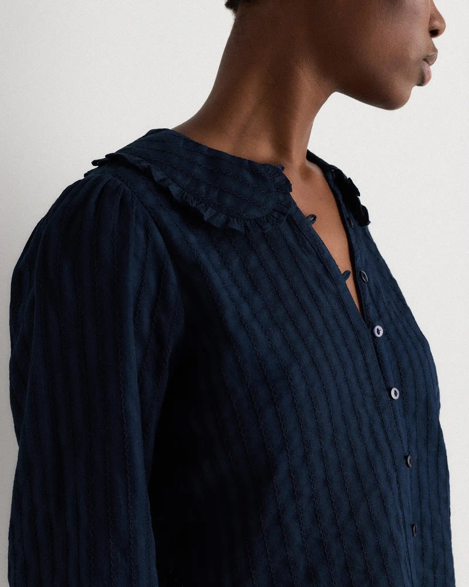 Embroidered Cotton Ruffle Collar Long Sleeve Blouse