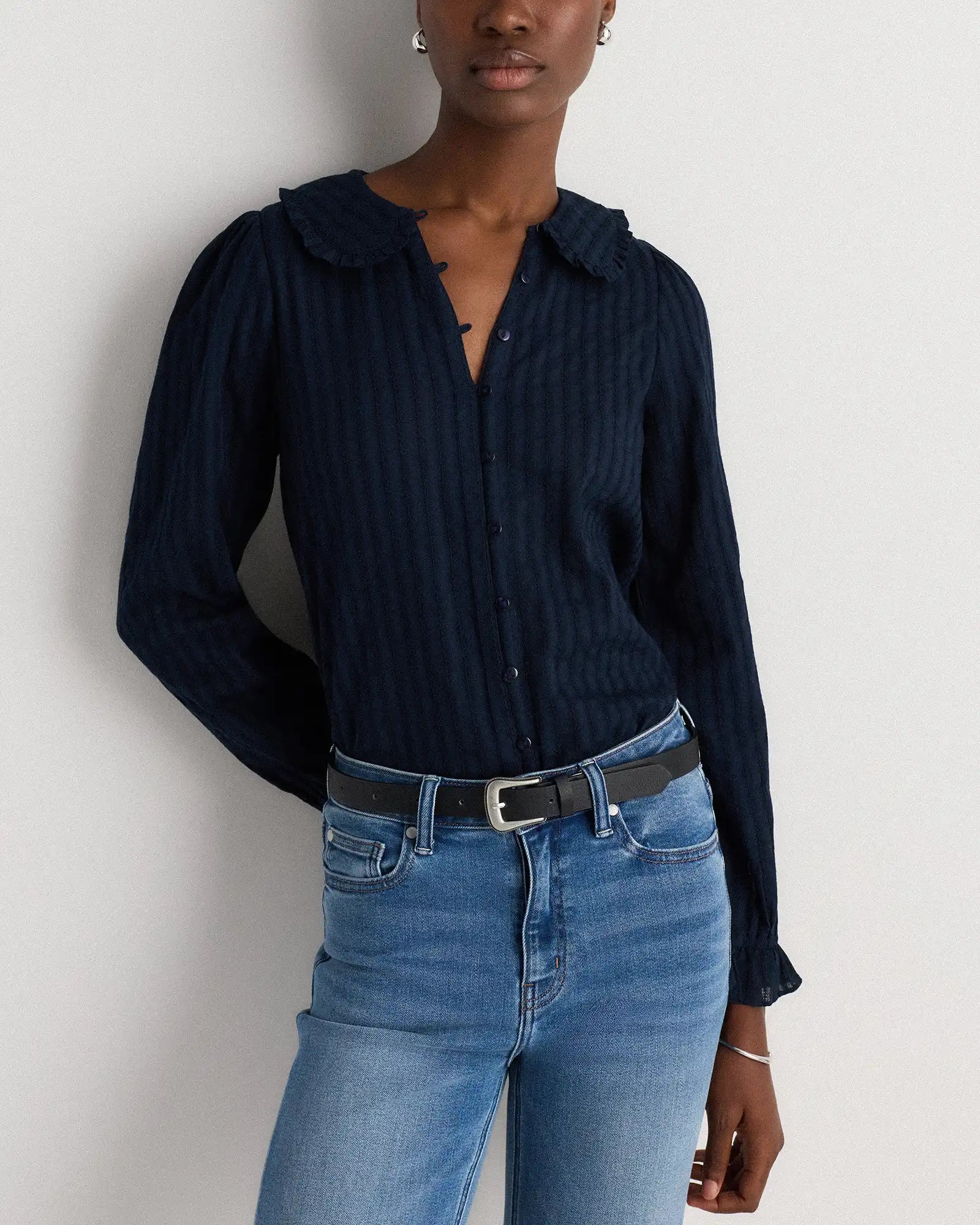 Embroidered Cotton Ruffle Collar Long Sleeve Blouse