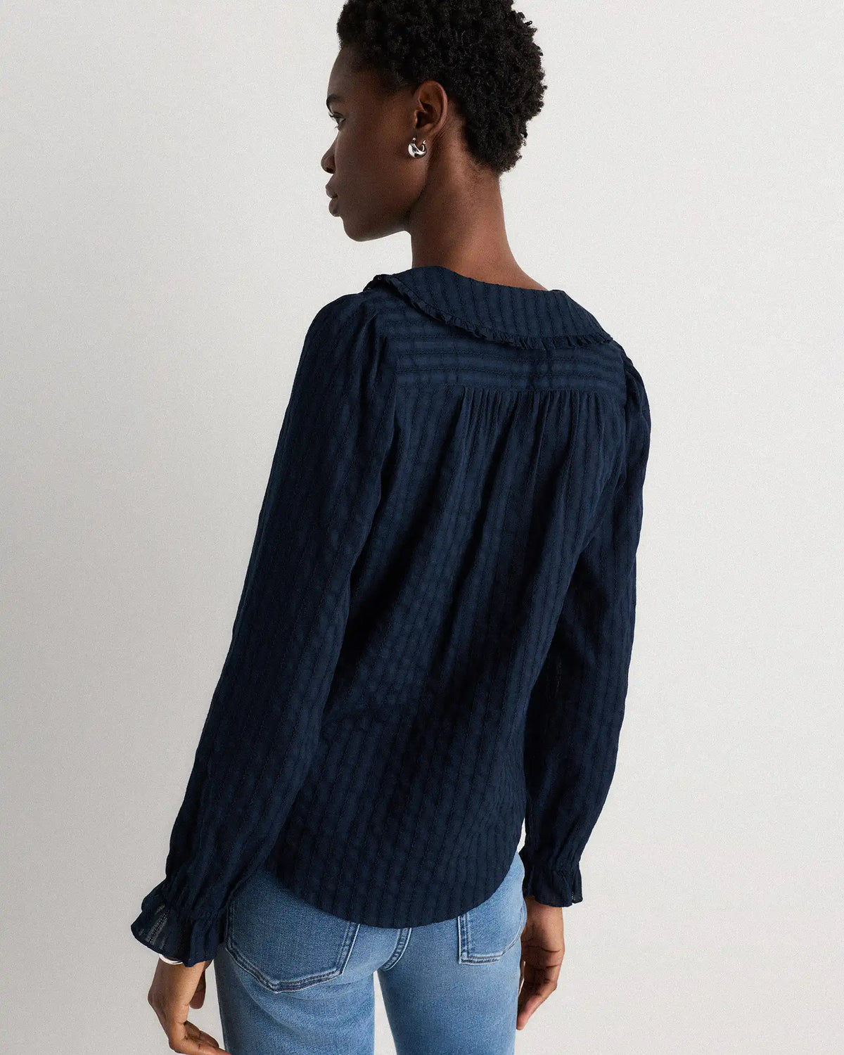 Embroidered Cotton Ruffle Collar Long Sleeve Blouse