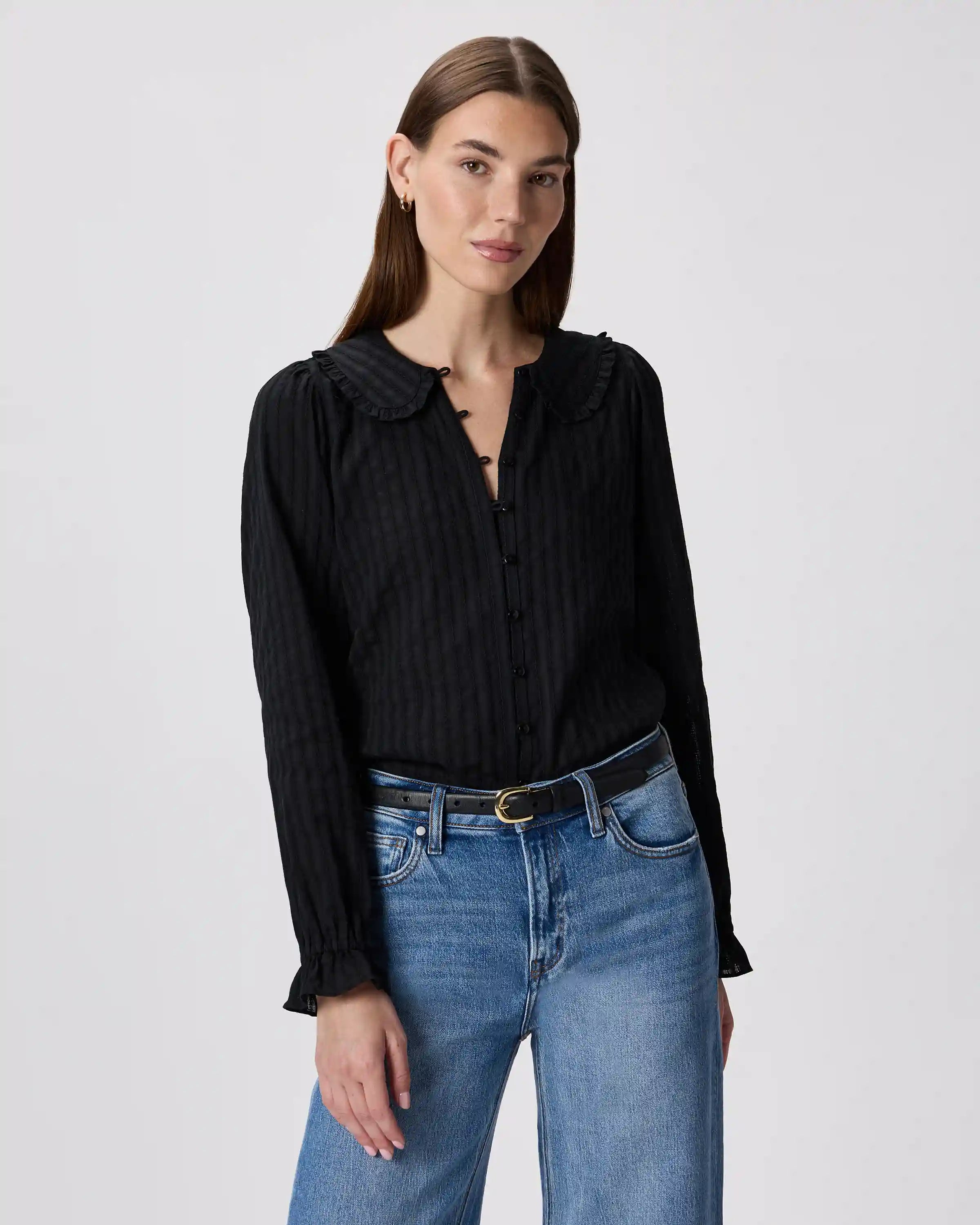 Embroidered Cotton Ruffle Collar Long Sleeve Blouse
