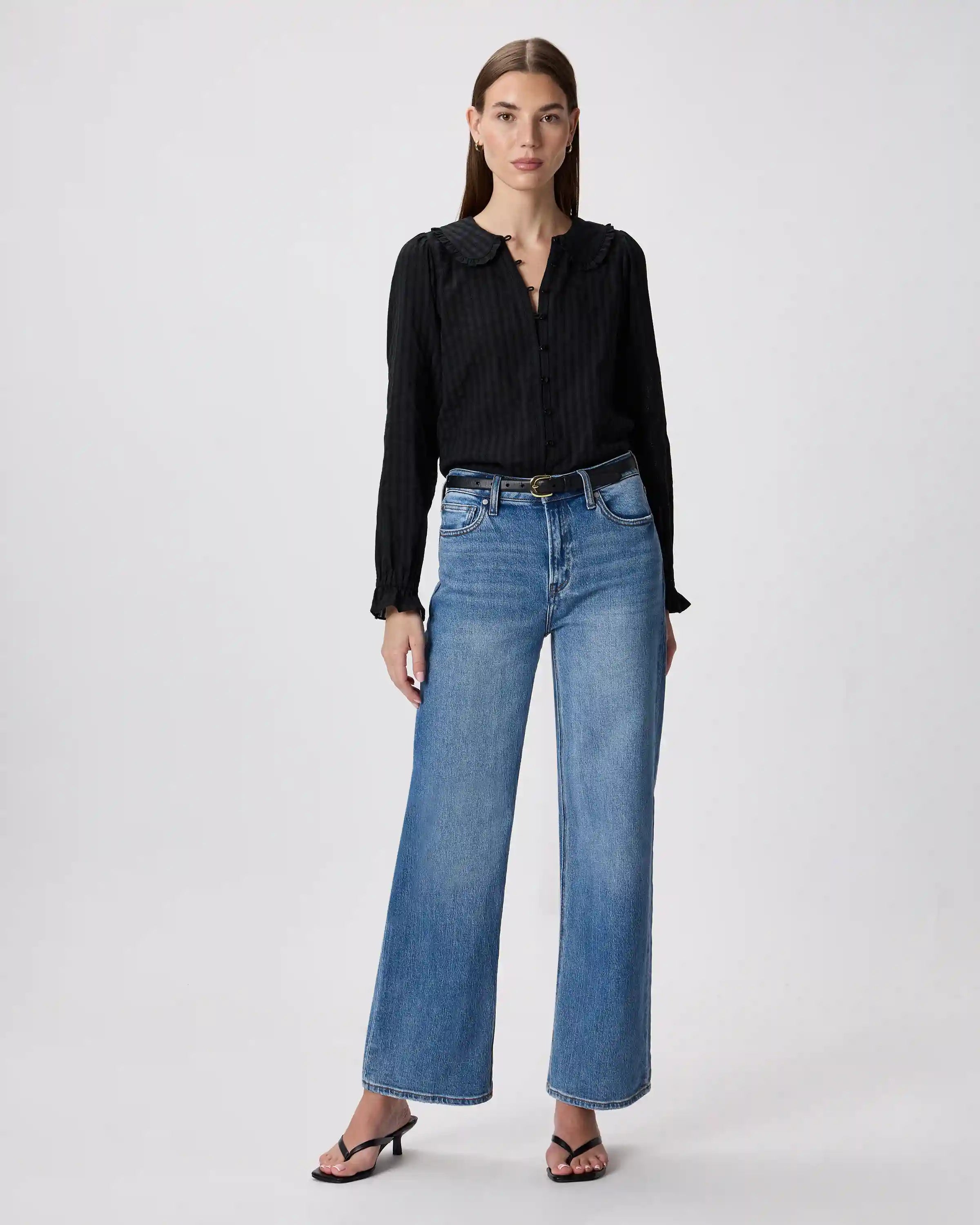 Embroidered Cotton Ruffle Collar Long Sleeve Blouse