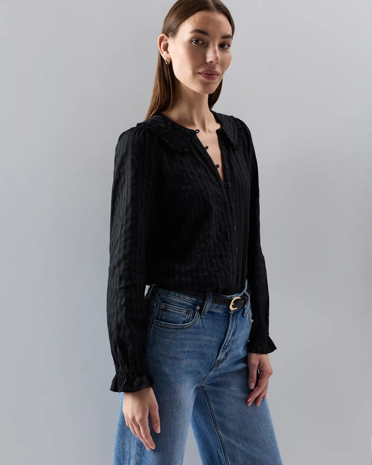 Embroidered Cotton Ruffle Collar Long Sleeve Blouse