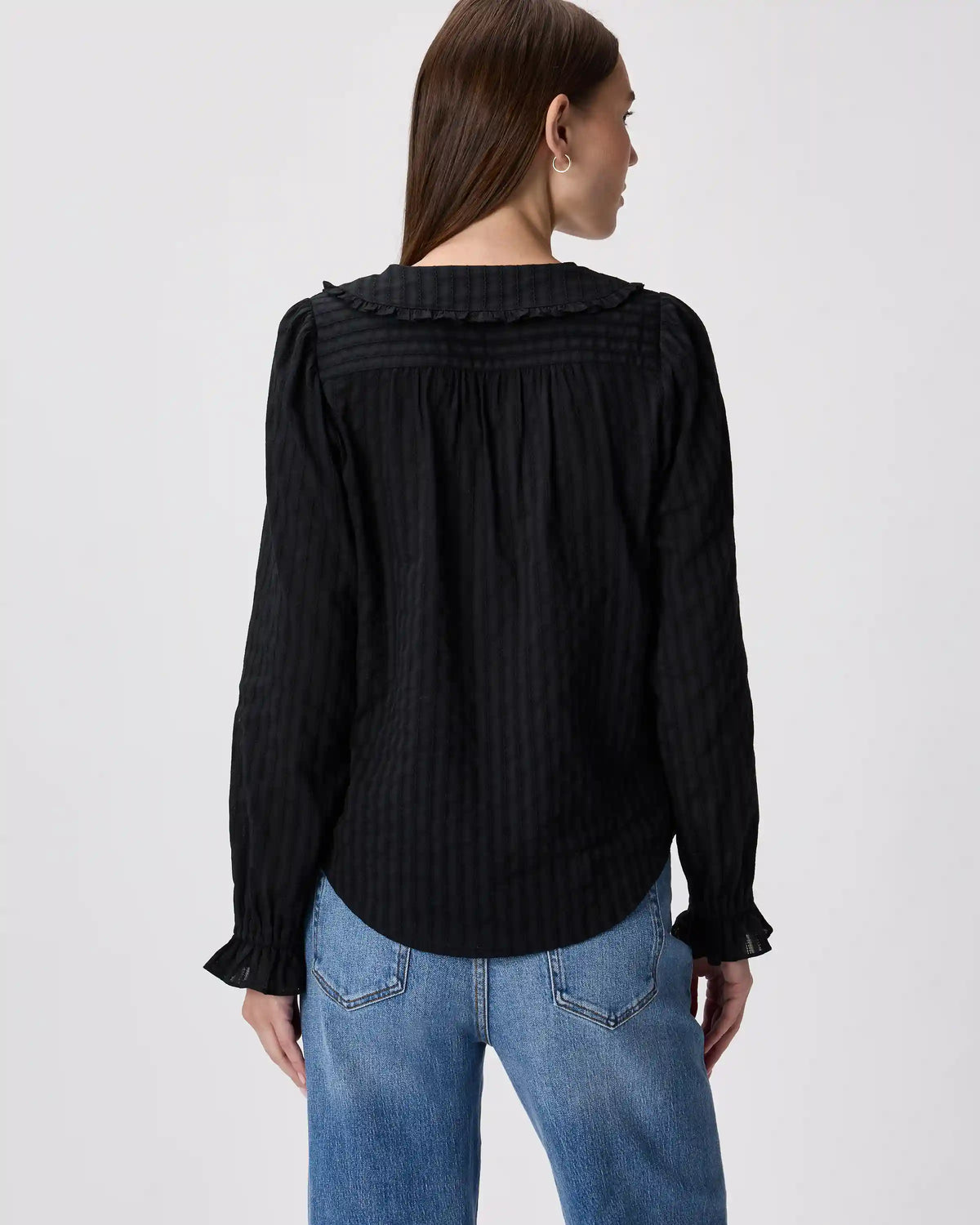 Embroidered Cotton Ruffle Collar Long Sleeve Blouse