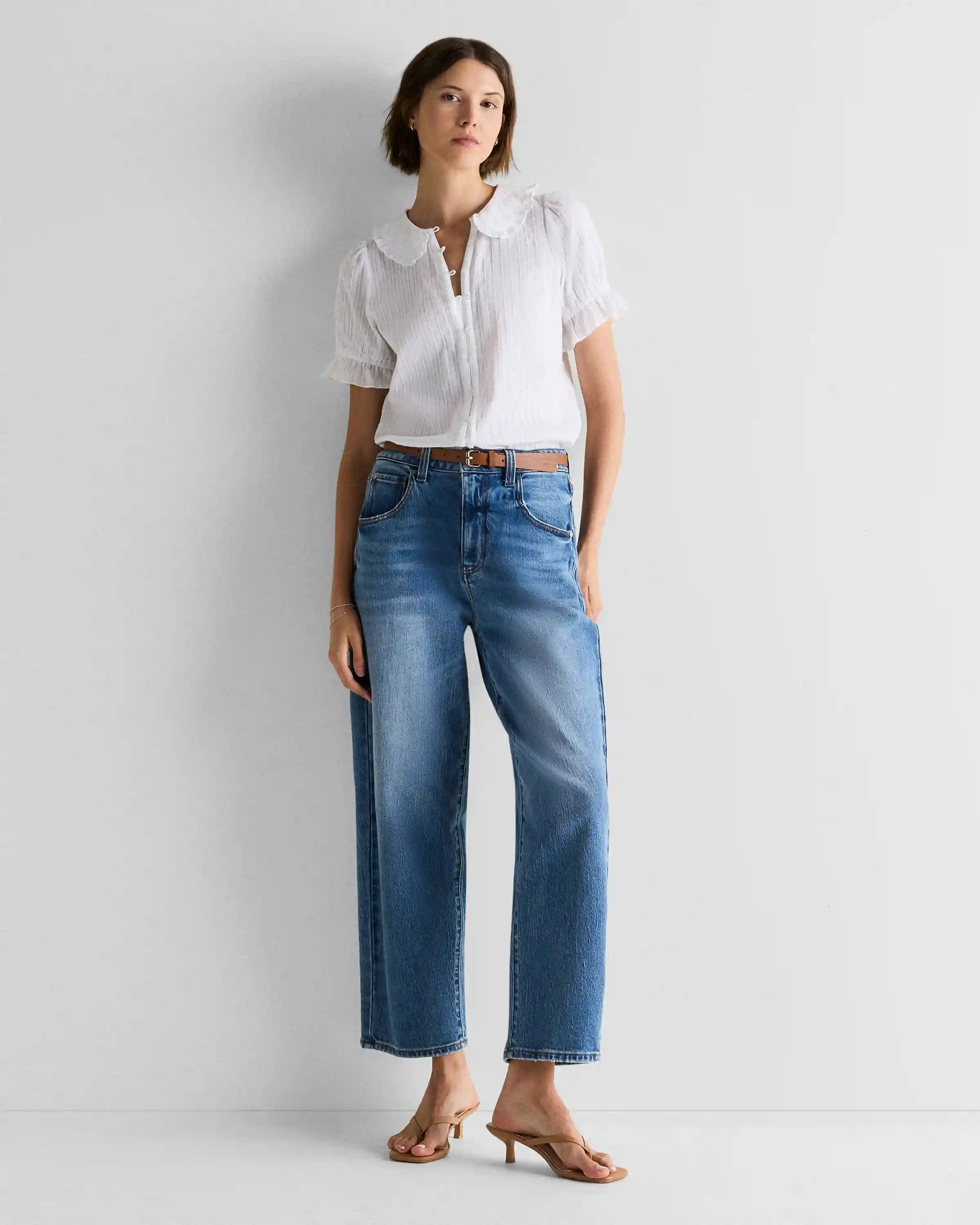 Embroidered Cotton Ruffle Collar Short Sleeve Blouse