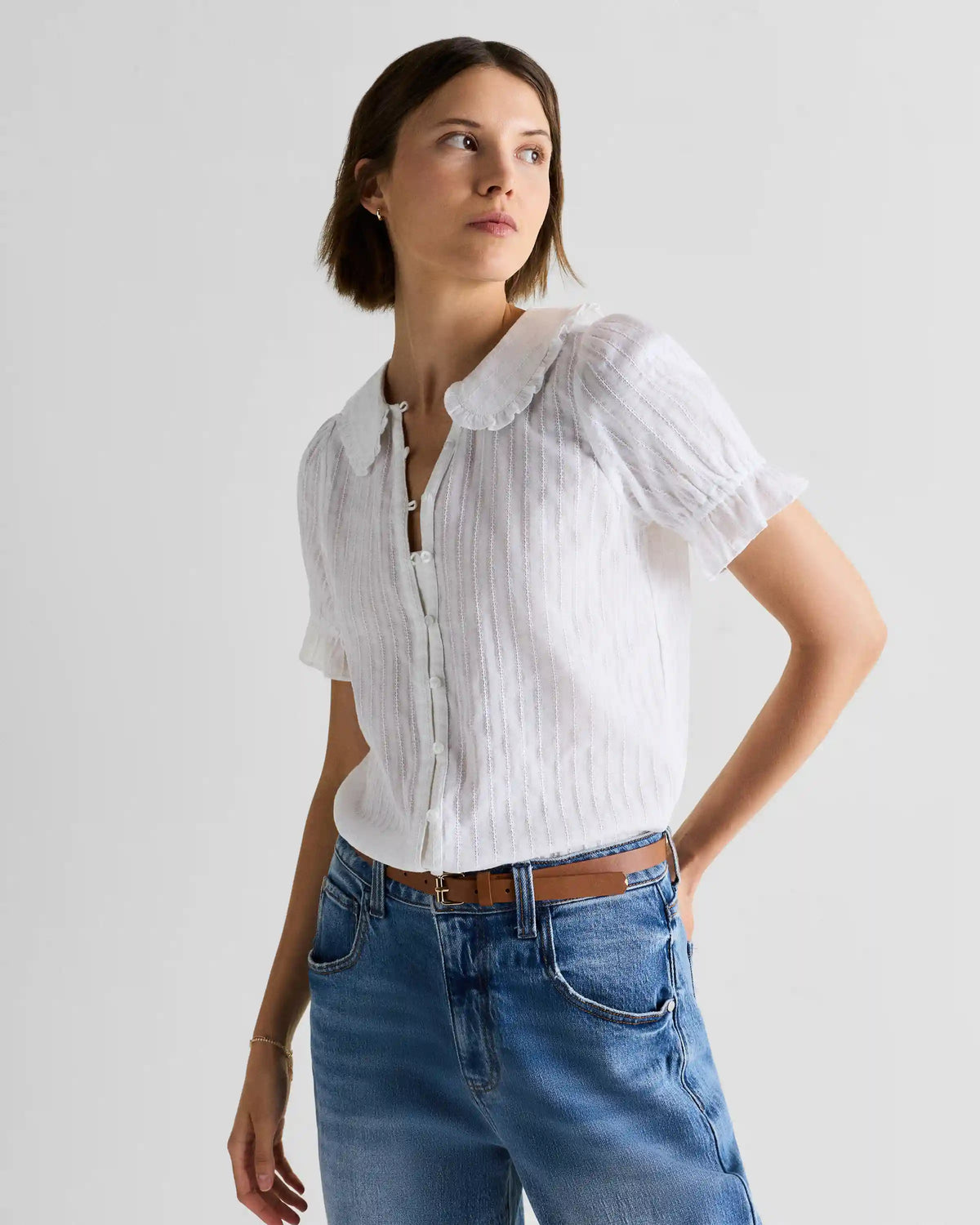 Embroidered Cotton Ruffle Collar Short Sleeve Blouse