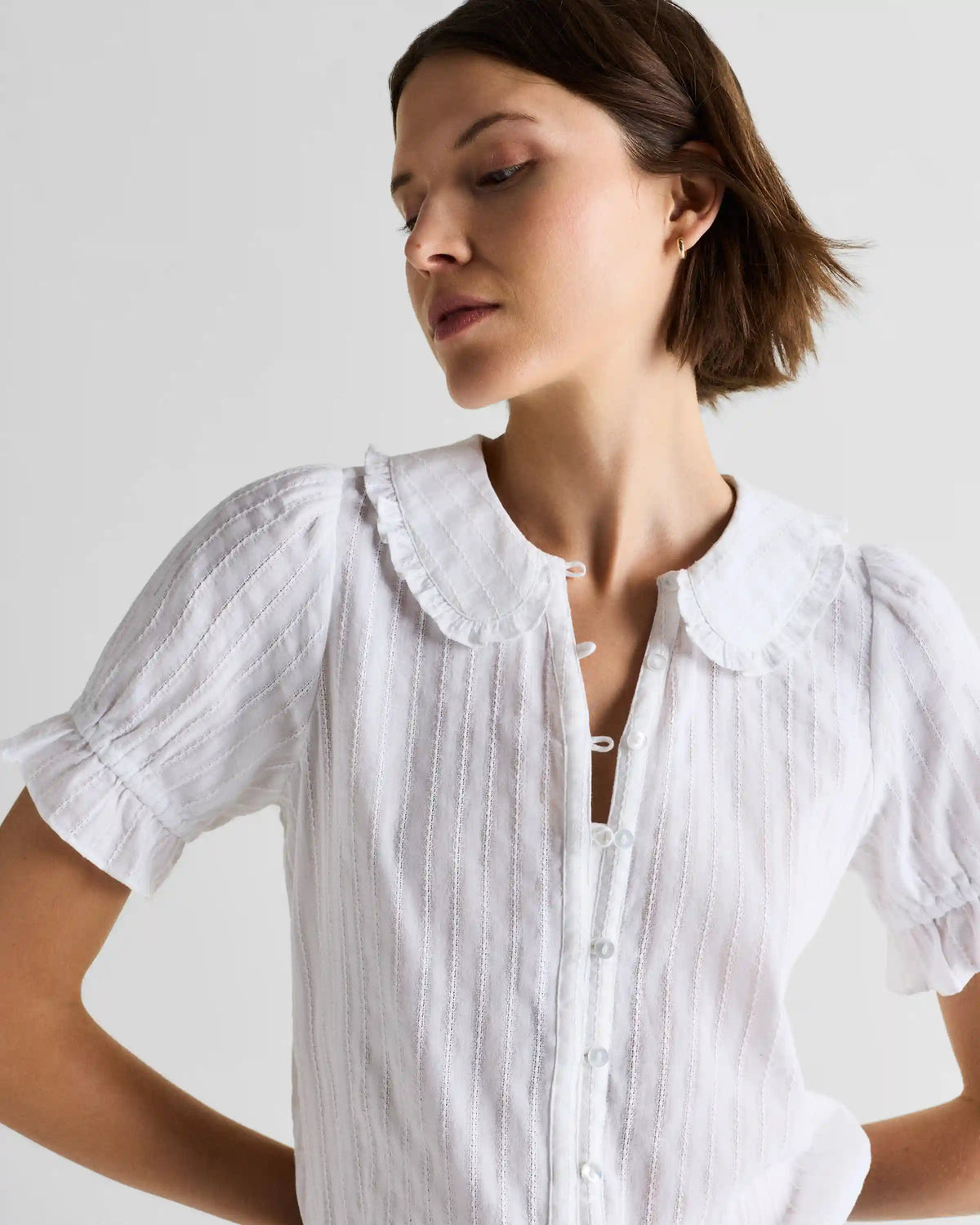 Embroidered Cotton Ruffle Collar Short Sleeve Blouse
