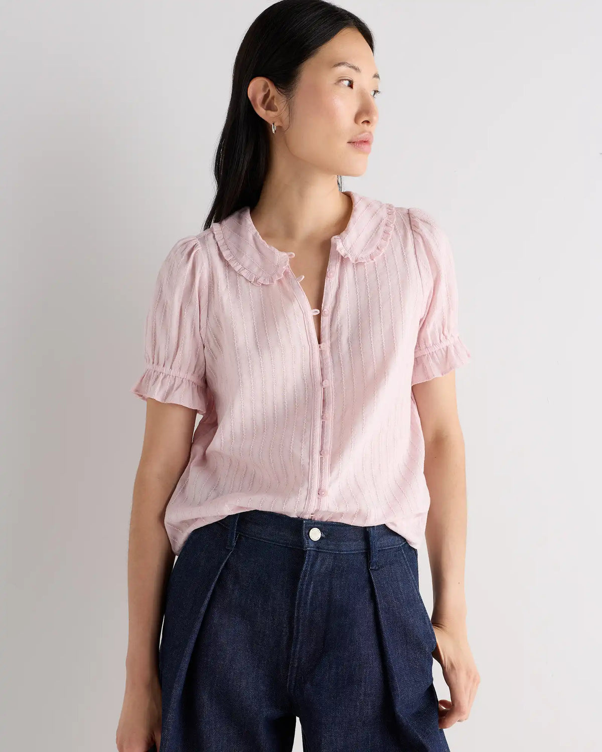 Embroidered Cotton Ruffle Collar Short Sleeve Blouse