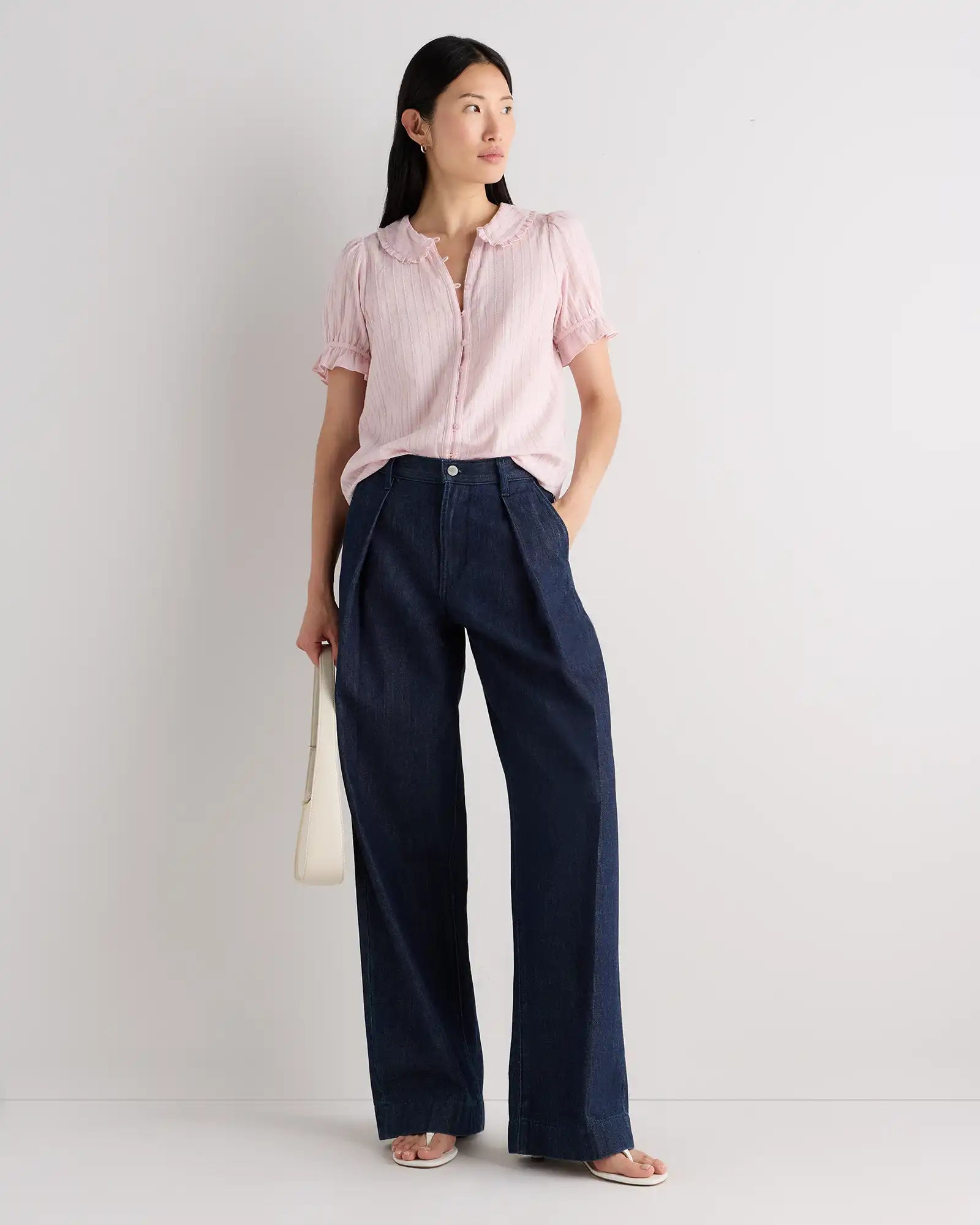 Embroidered Cotton Ruffle Collar Short Sleeve Blouse