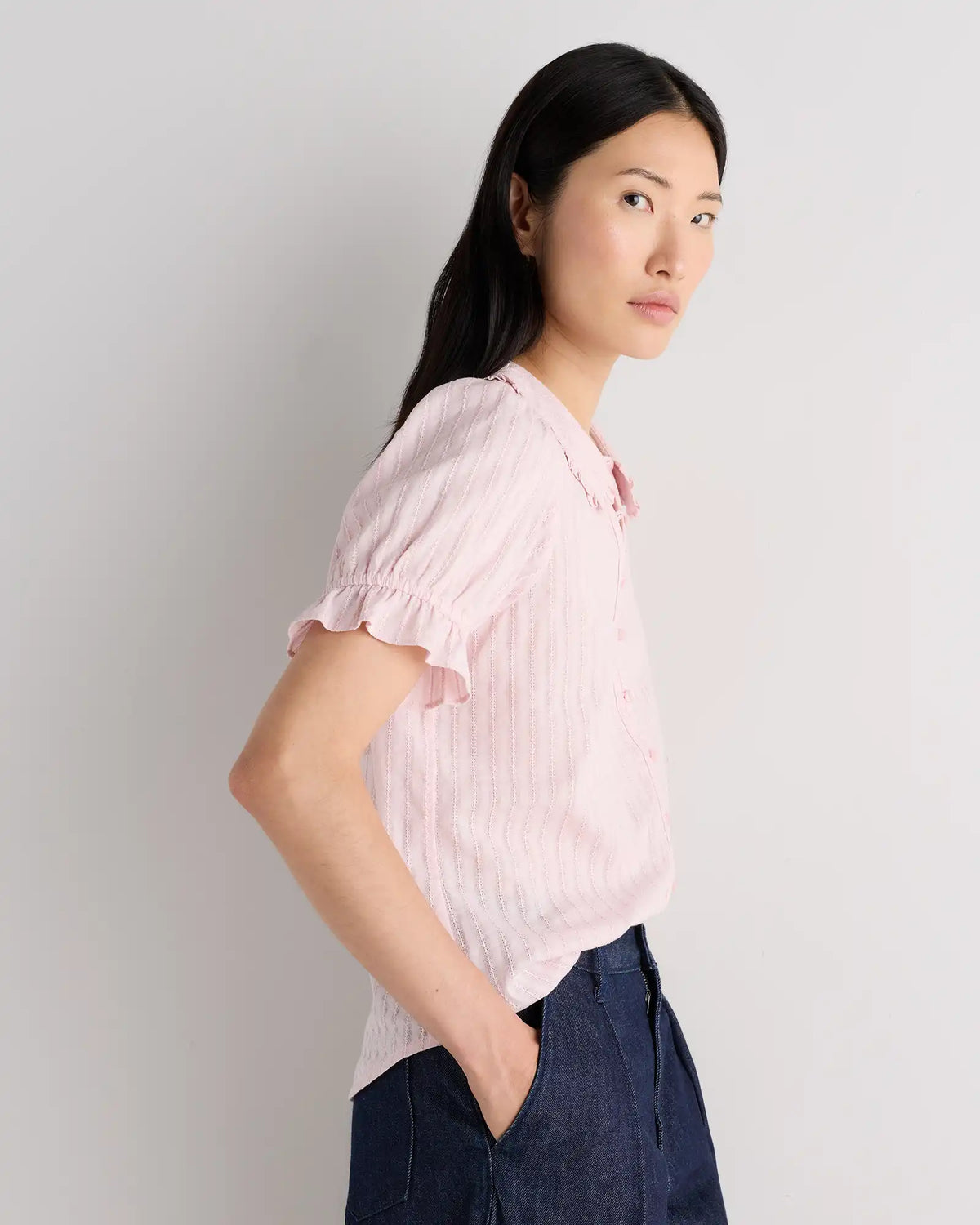 Embroidered Cotton Ruffle Collar Short Sleeve Blouse