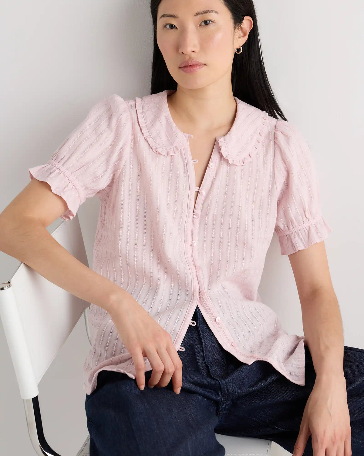 Embroidered Cotton Ruffle Collar Short Sleeve Blouse