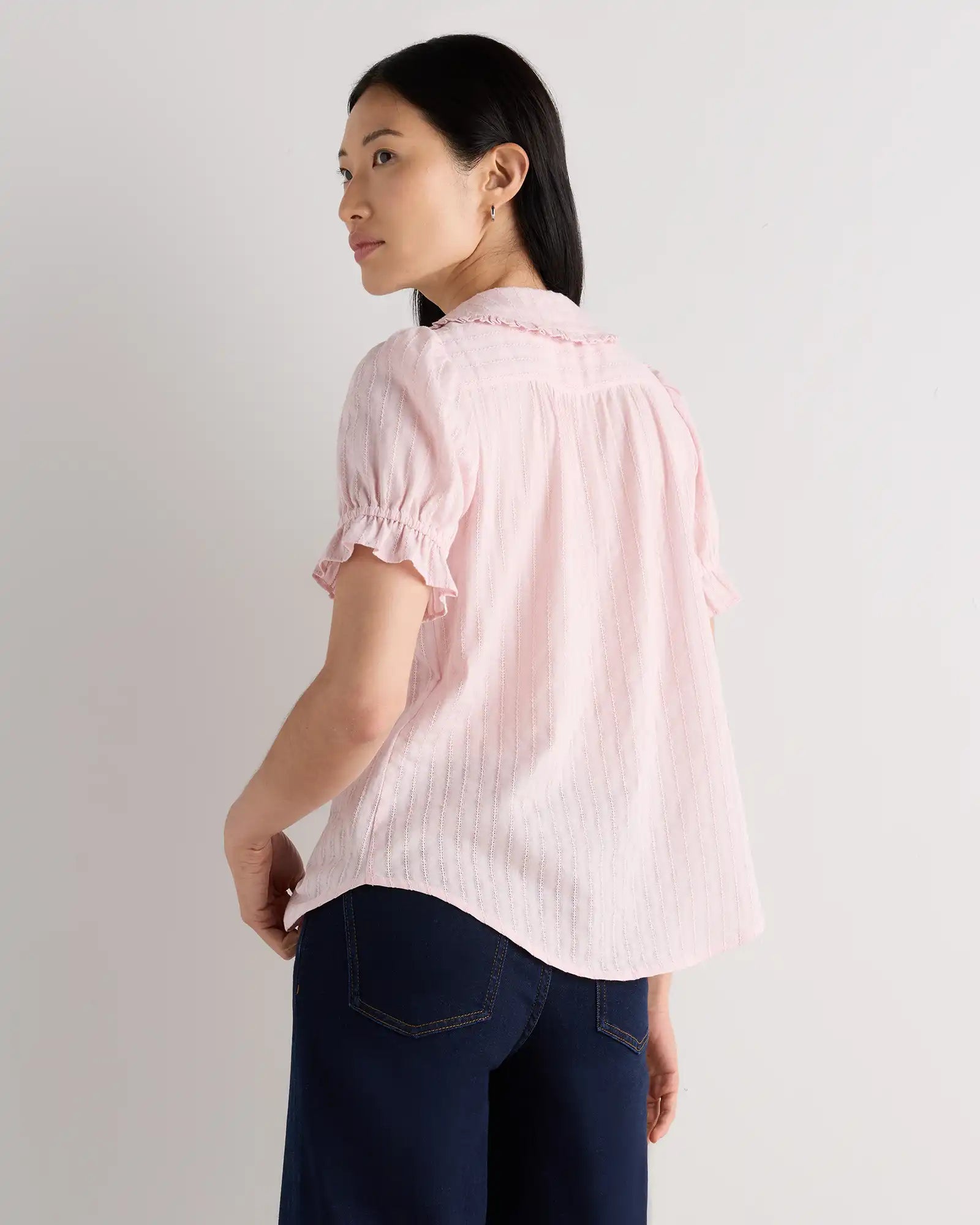 Embroidered Cotton Ruffle Collar Short Sleeve Blouse