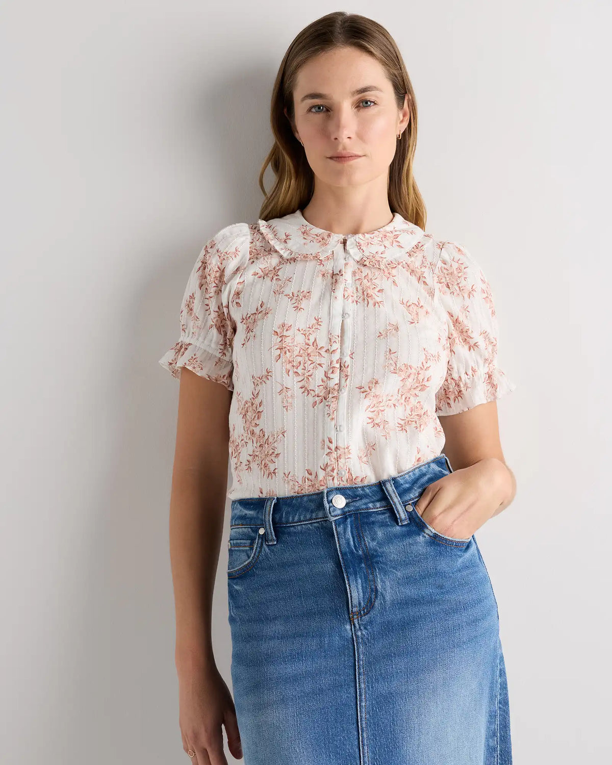 Embroidered Cotton Ruffle Collar Short Sleeve Blouse