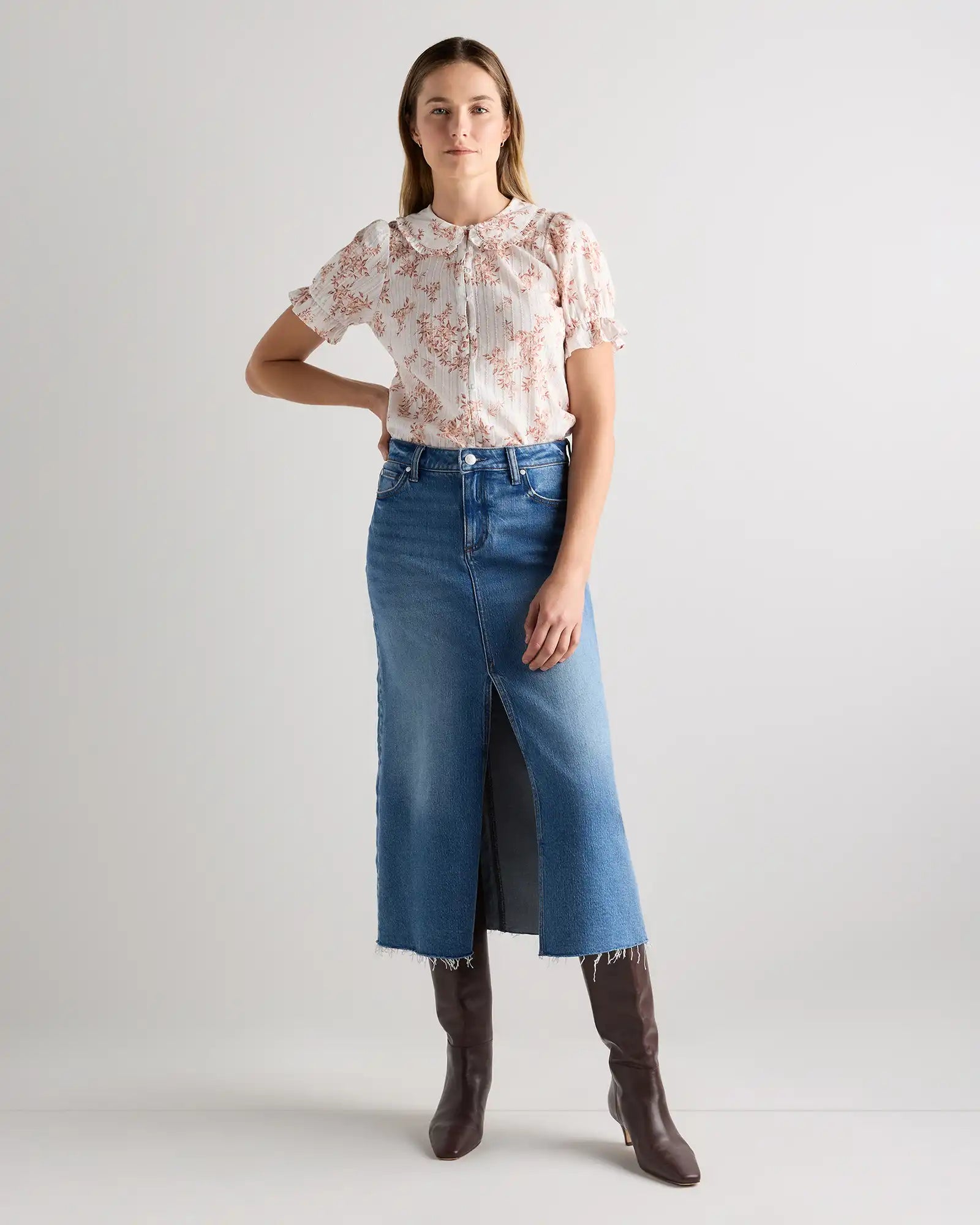 Embroidered Cotton Ruffle Collar Short Sleeve Blouse