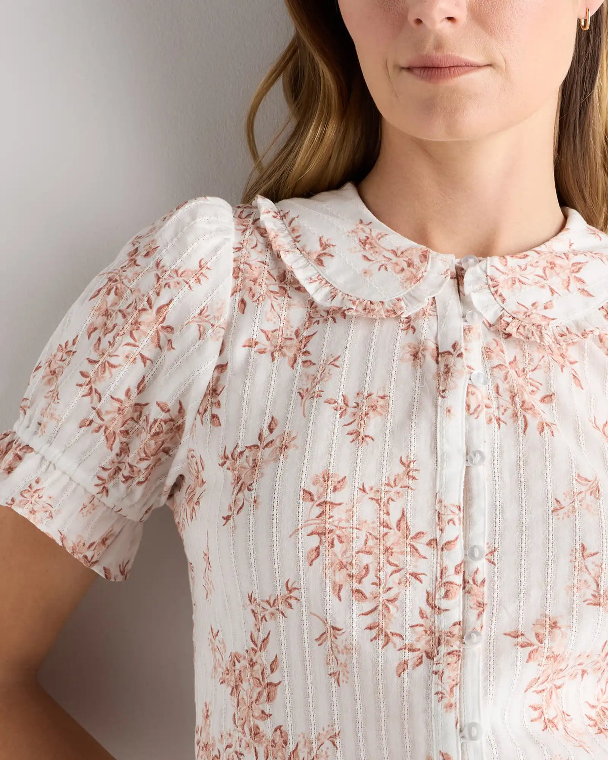 Embroidered Cotton Ruffle Collar Short Sleeve Blouse