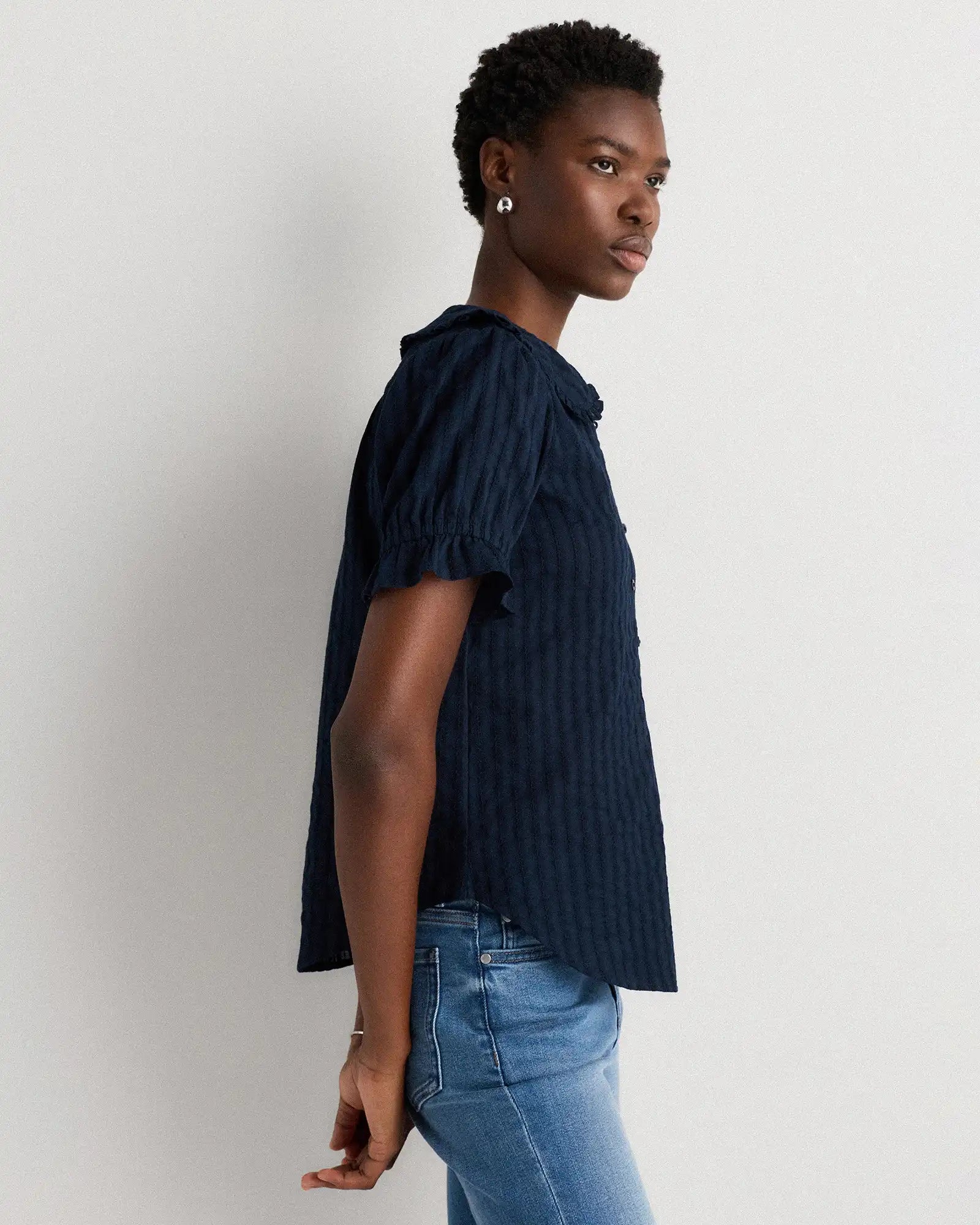Embroidered Cotton Ruffle Collar Short Sleeve Blouse