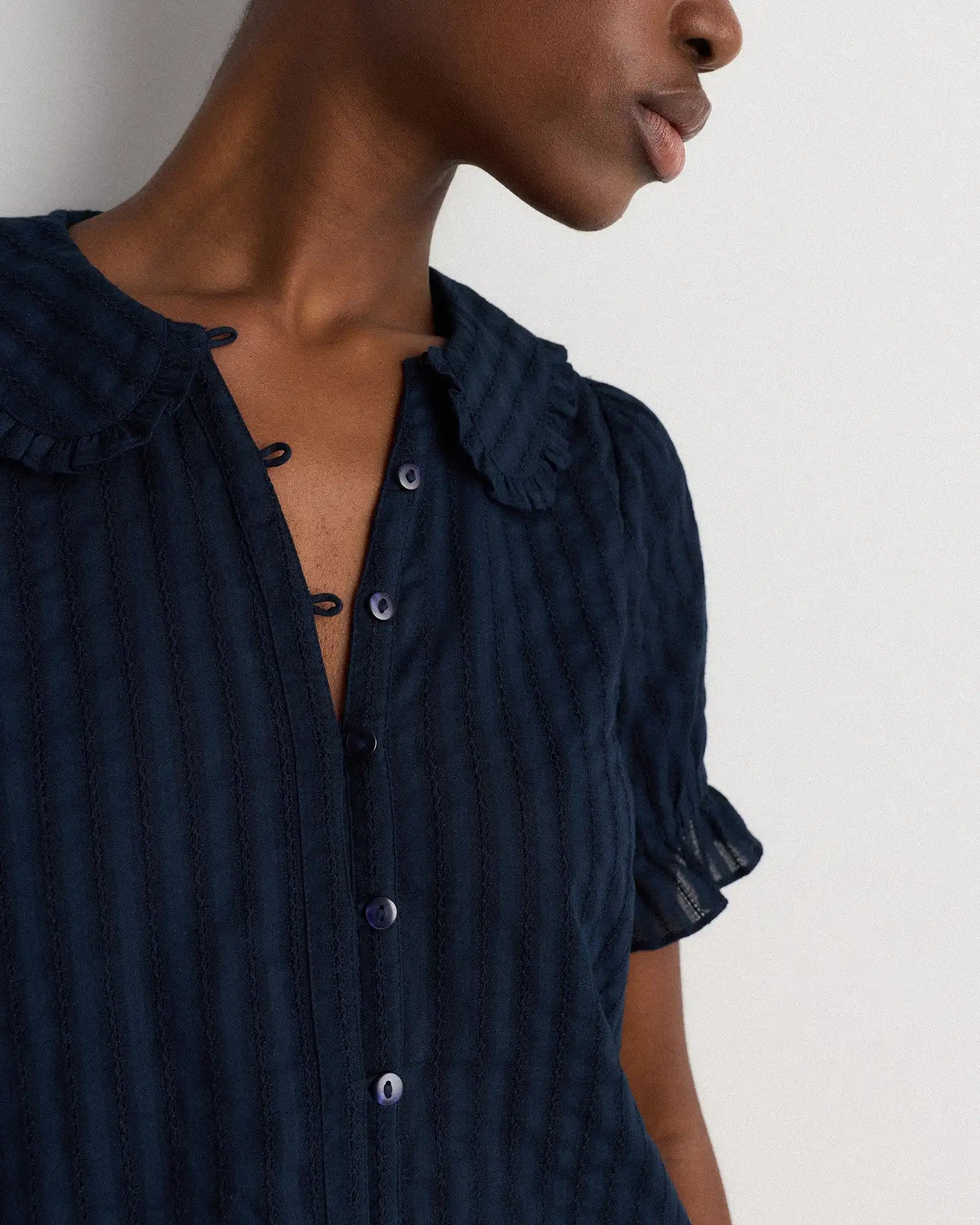 Embroidered Cotton Ruffle Collar Short Sleeve Blouse