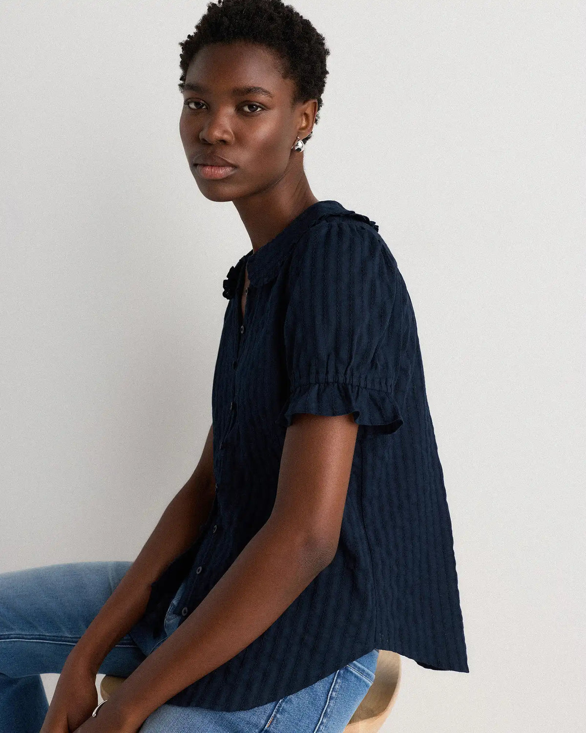 Embroidered Cotton Ruffle Collar Short Sleeve Blouse