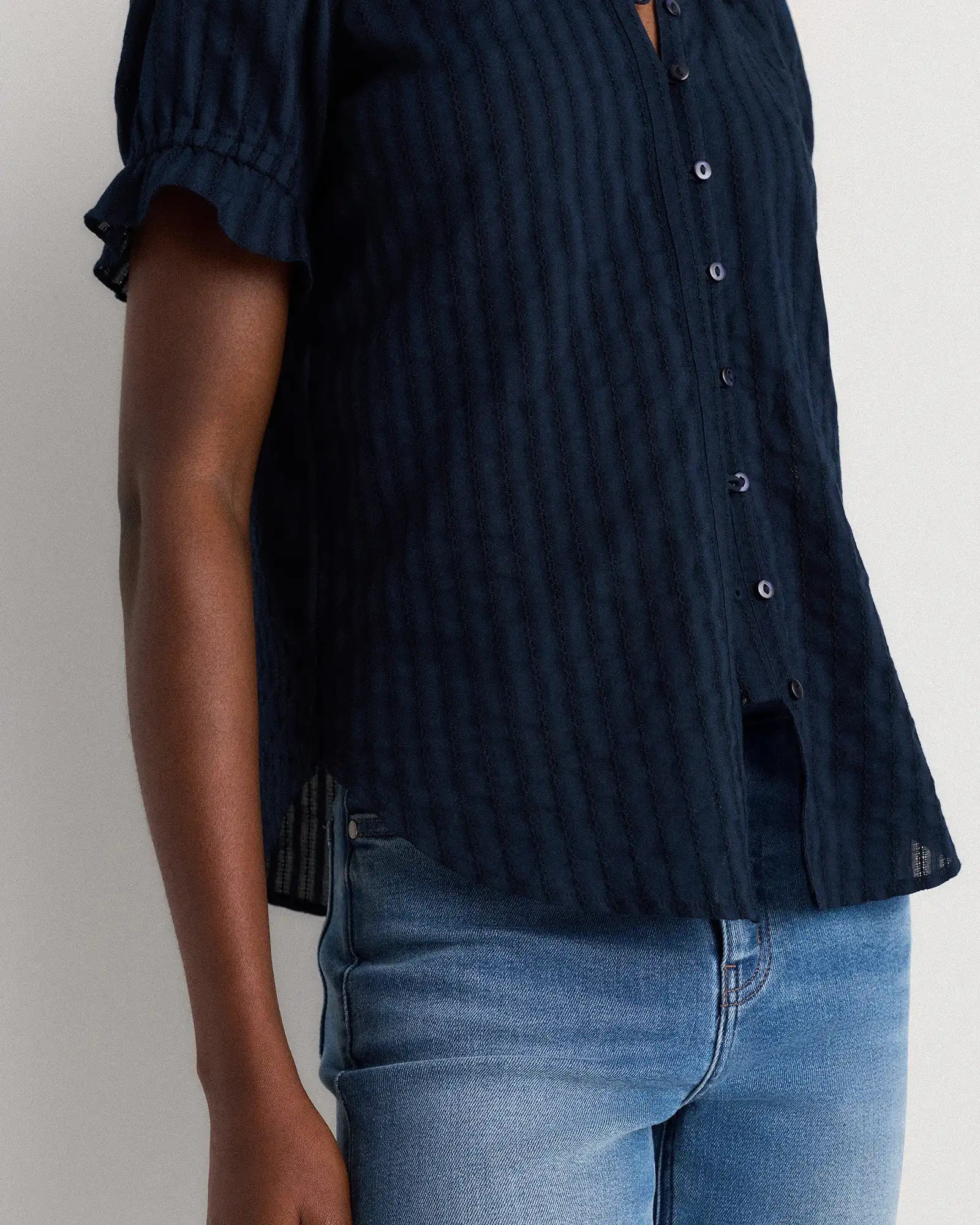 Embroidered Cotton Ruffle Collar Short Sleeve Blouse