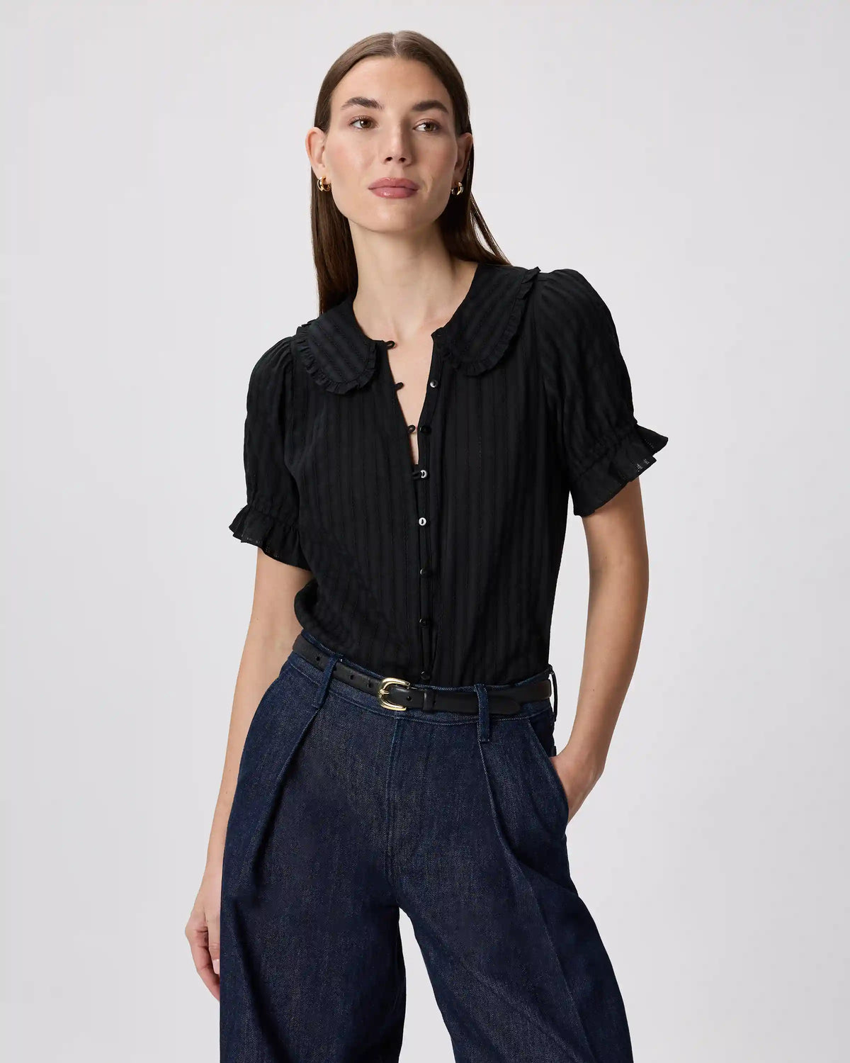 Embroidered Cotton Ruffle Collar Short Sleeve Blouse