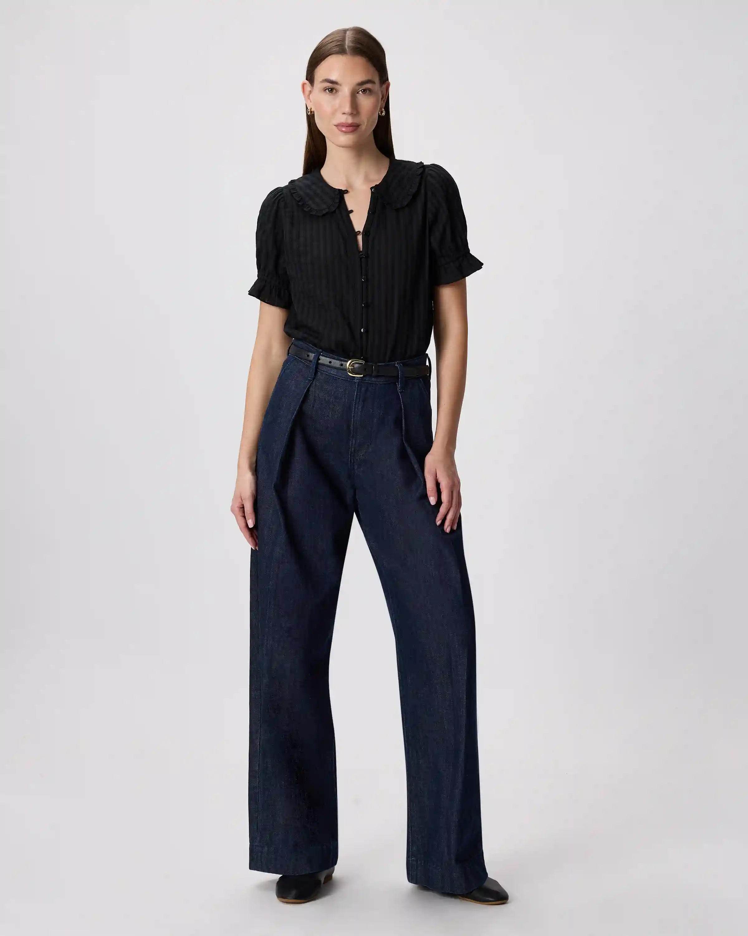 Embroidered Cotton Ruffle Collar Short Sleeve Blouse