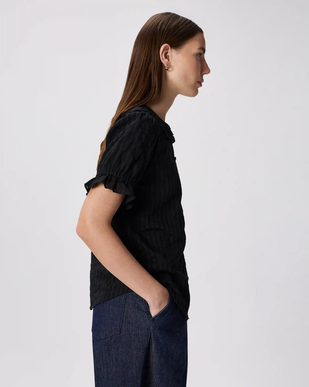 Embroidered Cotton Ruffle Collar Short Sleeve Blouse
