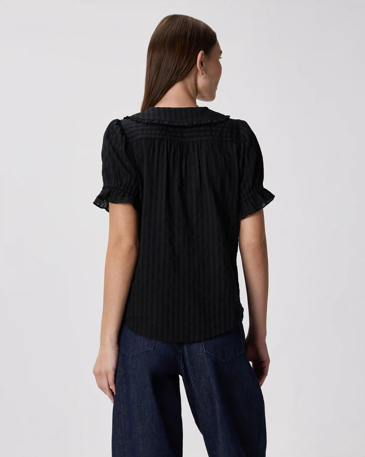 Embroidered Cotton Ruffle Collar Short Sleeve Blouse