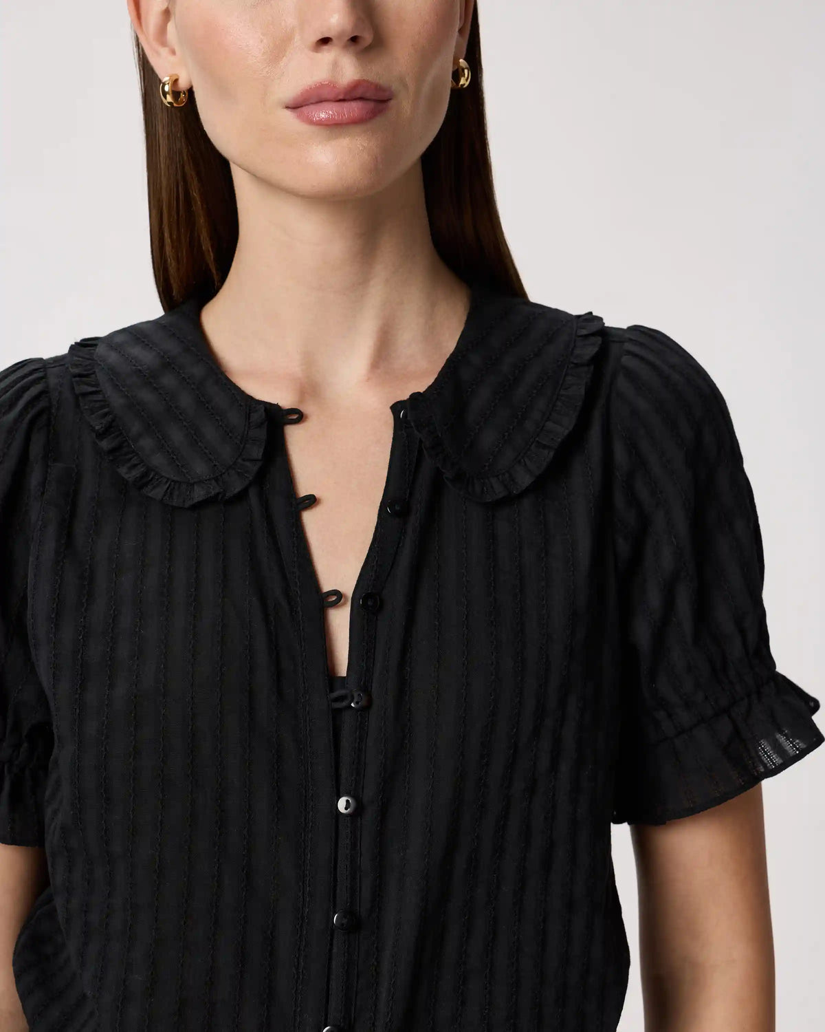 Embroidered Cotton Ruffle Collar Short Sleeve Blouse