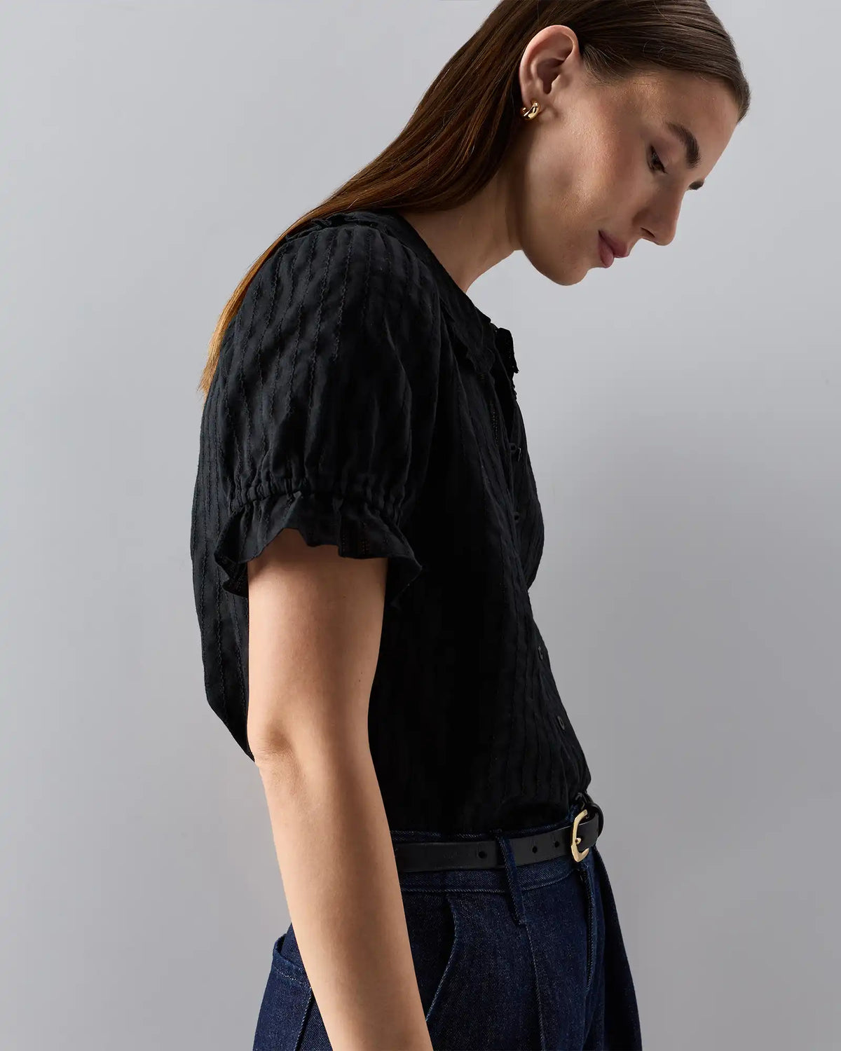 Embroidered Cotton Ruffle Collar Short Sleeve Blouse