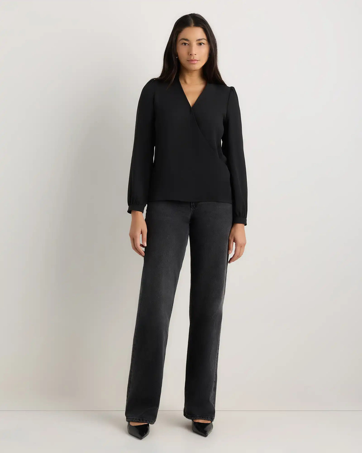 Fluid Crepe Surplice Long Sleeve Blouse