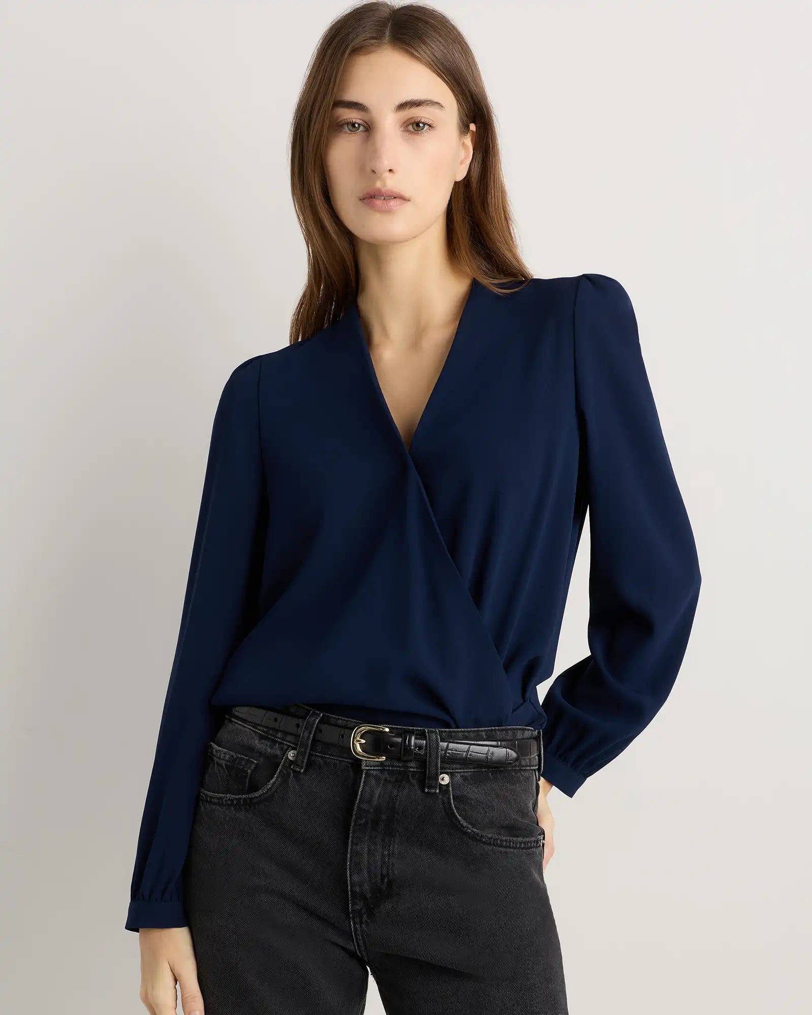 Fluid Crepe Surplice Long Sleeve Blouse